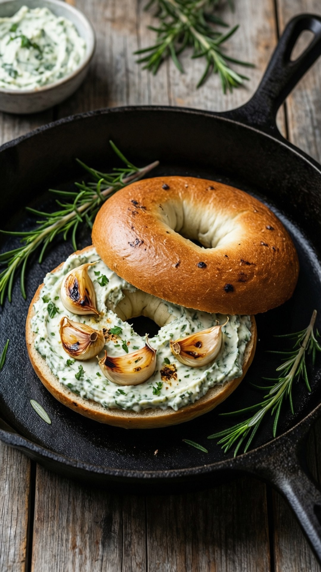 bagel 桌布 壁紙 — 一個烤過的百吉餅切開，塗上奶油香草蒜蓉醬和烤蒜瓣，放在鑄鐵煎鍋中，周圍是新鮮迷迭香，置於鄉村風木桌上。
