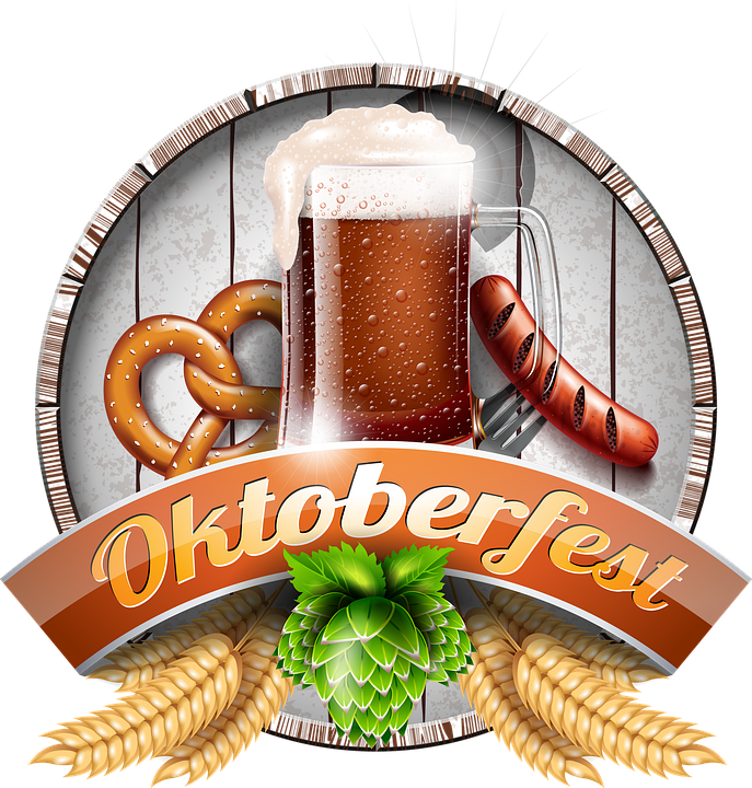 奧克toberfest 庆祝徽章 壁紙 — 一個節日氣氛的十月節標誌，包含一個泡沫啤酒杯、椒鹽卷餅和香腸，背景是木桶。