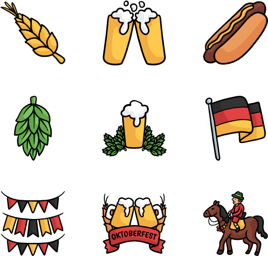 奧克toberfest主題圖標集 壁紙 — 一系列色彩繽紛的啤酒節圖標，包括啤酒杯、熱狗、小麥、啤酒花和德國國旗，背景為黑色。
