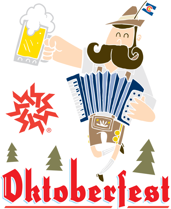 奧克toberfest慶祝卡通 壁紙 — 一個穿著傳統巴伐利亞服裝的快樂卡通男人在黑色背景上彈奏手風琴並舉起泡沫啤酒杯，背景有松樹和 'Oktoberfest' 文字。
