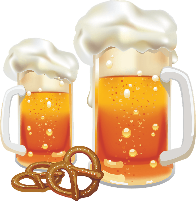 奧克toberfest 啤酒與椒鹽麵包插圖 壁紙 — 兩杯泡沫豐富的琥珀色啤酒，配上一個鹹椒鹽卷餅，背景是柔和的青綠色。