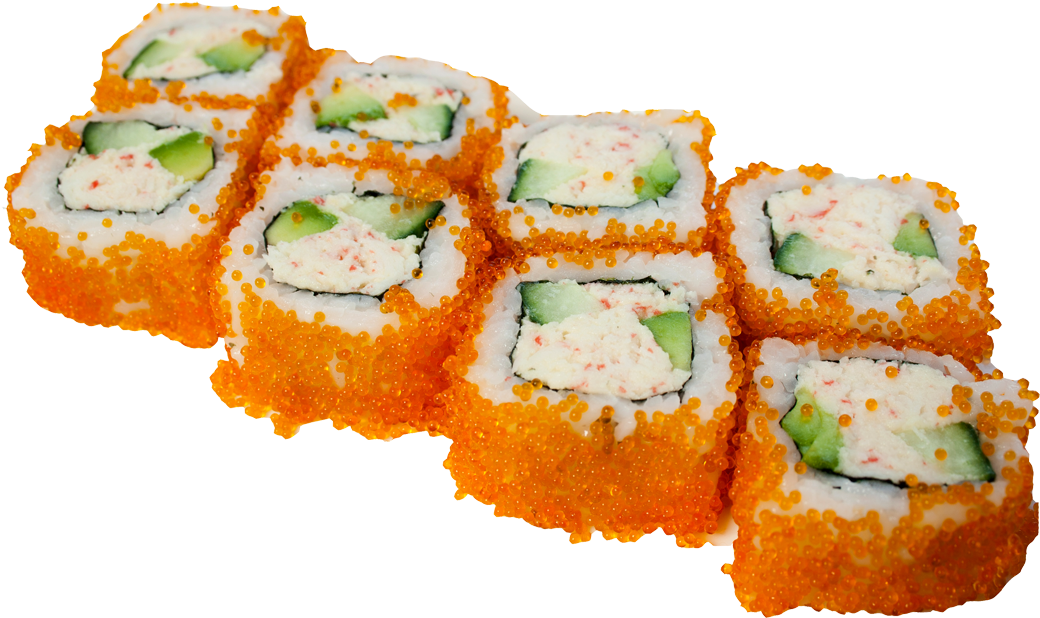 加州卷壽司配 tobiko 壁紙 — 一組壽司卷，外層裹上橙色飛魚籽，內有奶油餡料和青瓜片。