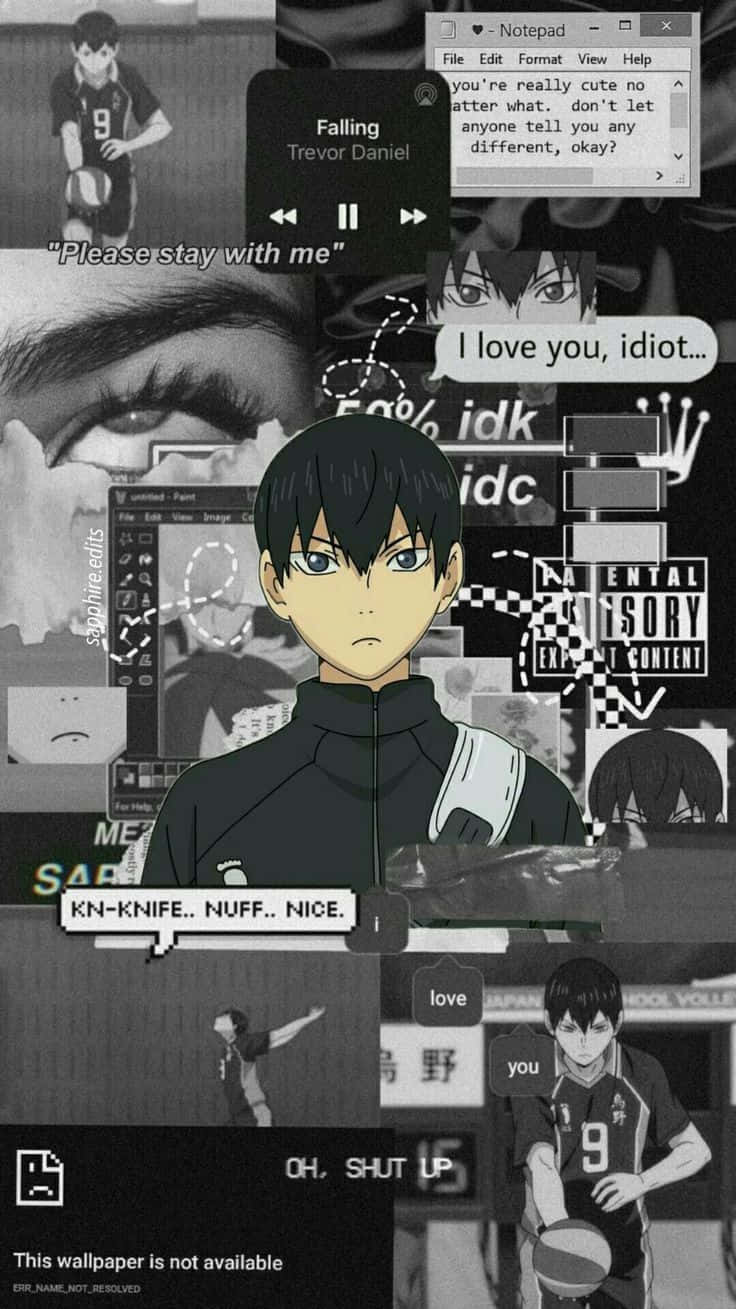 動漫 Tobio Kageyama 黑色美學 壁紙 — 黑白動漫排球運動員場景拼貼，帶有文字疊加和數字界面元素。