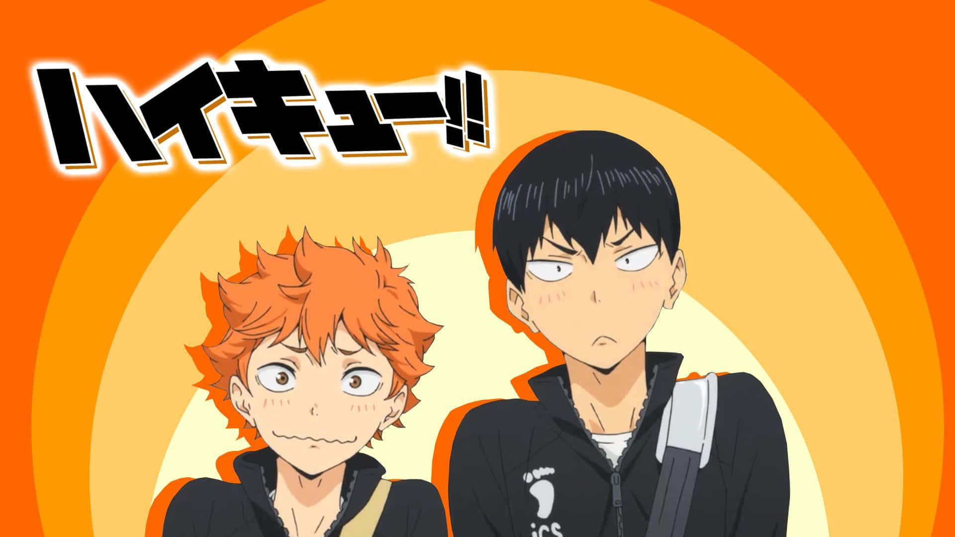 以排球少年聯名筆電凝聚 Tobio 與 Karasuno 隊伍 壁紙 — 兩個動漫排球運動員站在充滿活力的橙色漸變背景前，標題「Haikyuu!!」以粗體風格文字呈現。