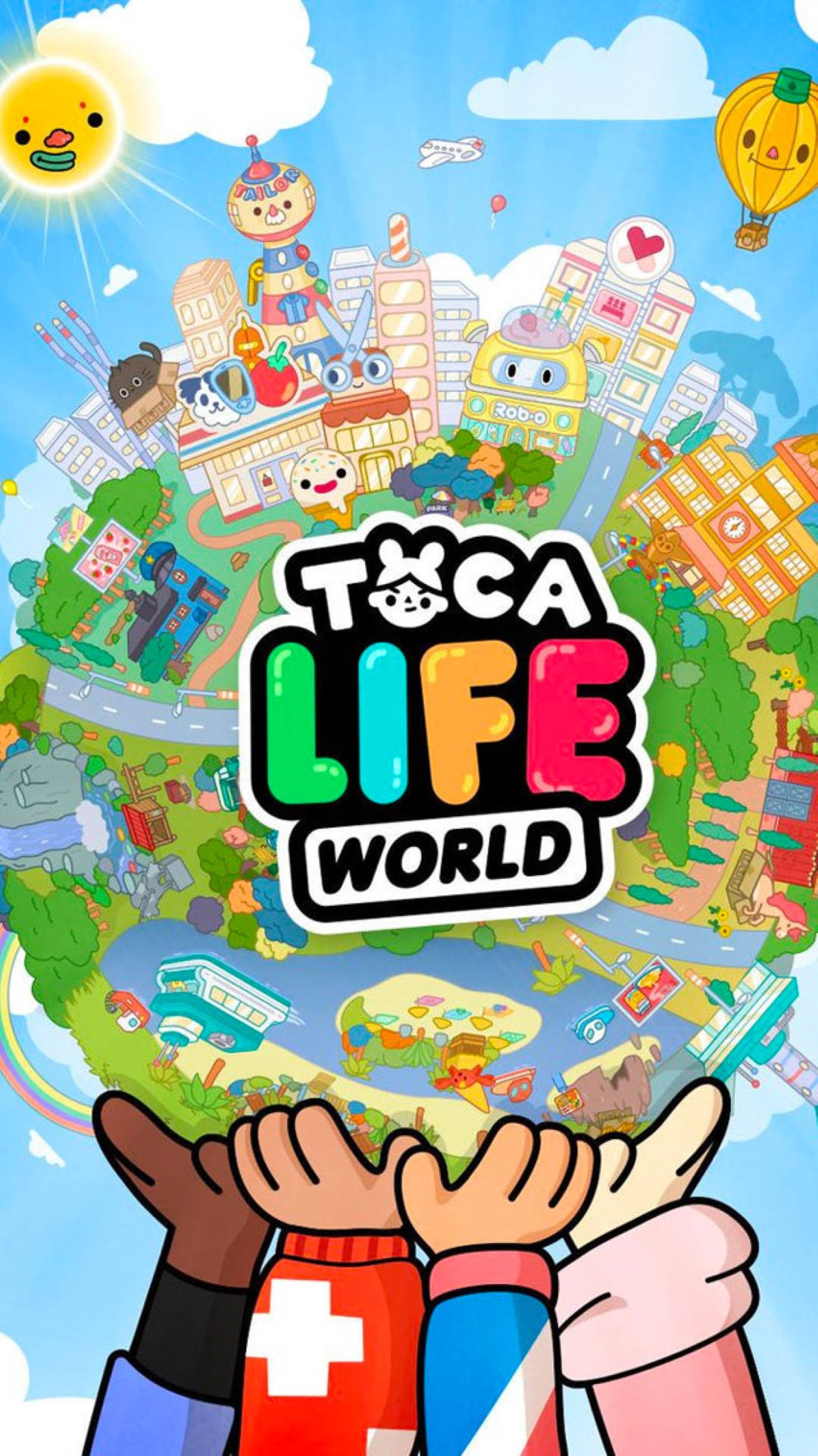 Toca Boca 世界 壁紙 — 兩隻手舉起一個色彩繽紛的卡通地球，上面充滿了奇特的建築物、動物和漂浮的熱氣球，在微笑的太陽下。