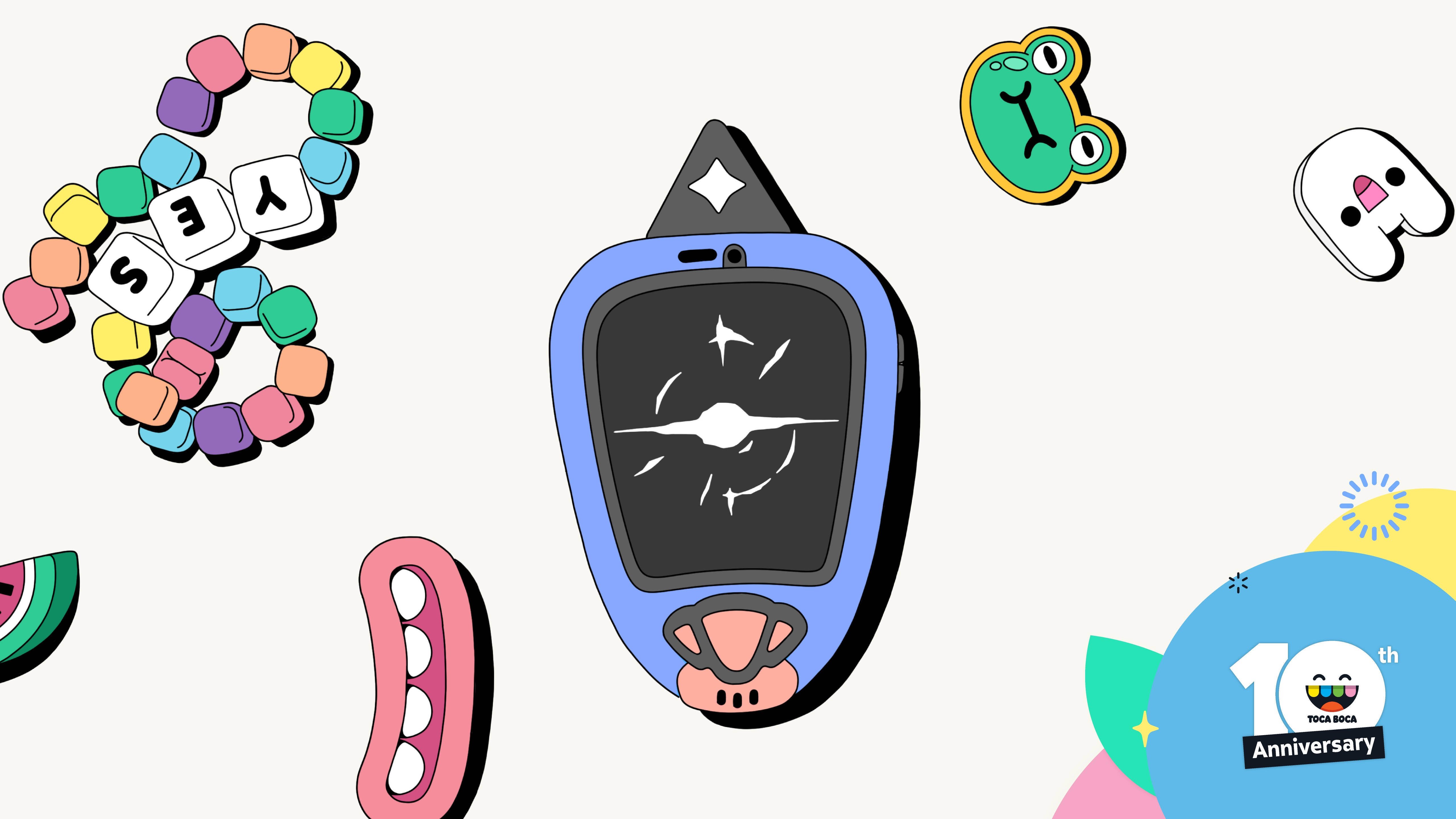 Toca Boca 元素 壁紙 — 一系列色彩繽紛、充滿玩味的 Toca Boca 圖標，包括藍色裝置、彩虹手鐲和卡通臉孔，漂浮在淺色背景上。