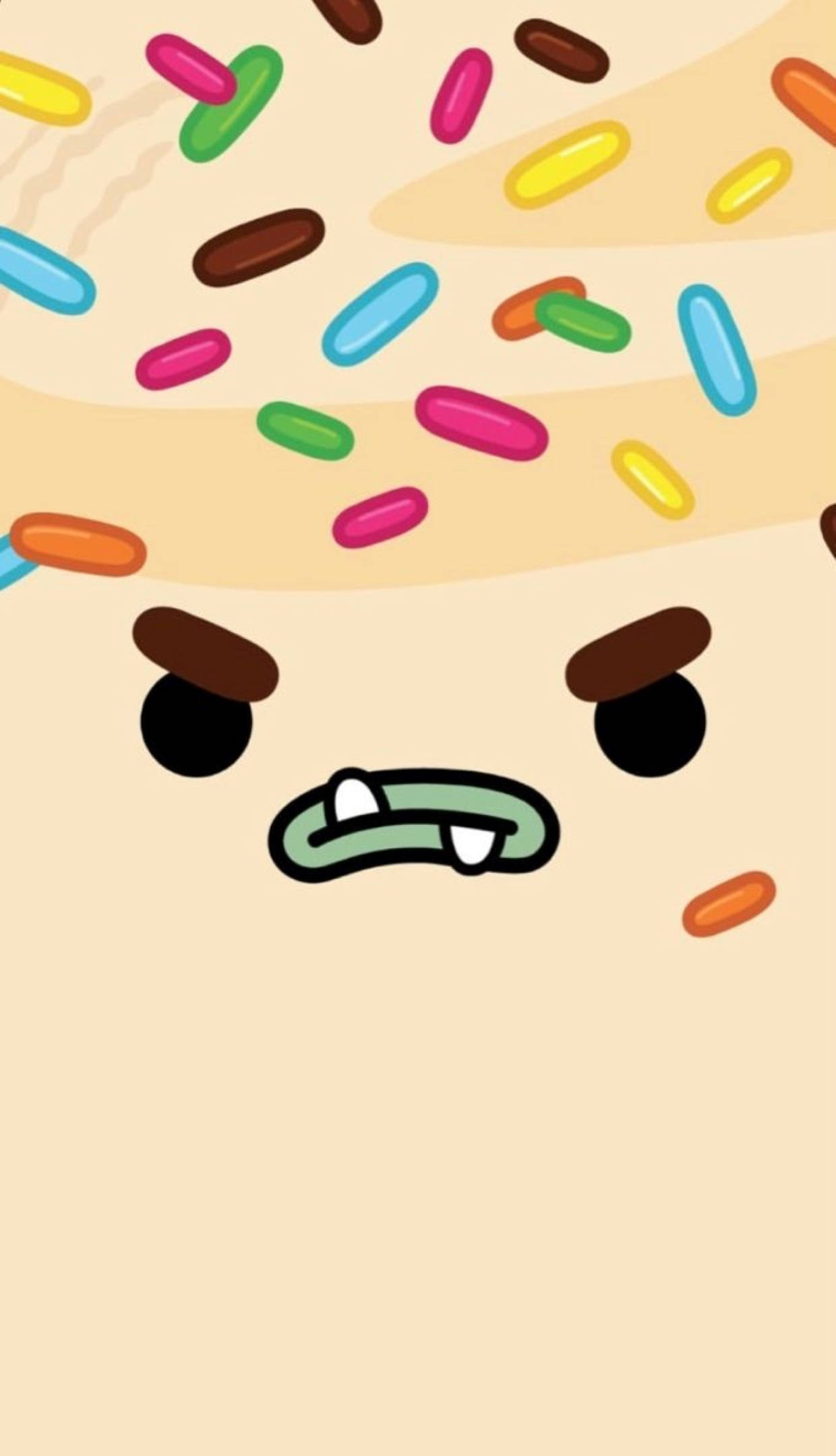 Toca Boca 冰淇淋糖珠 壁紙 — 一個卡通角色，臉上帶著不高興的表情，覆蓋著彩色糖粒，背景是奶油色。