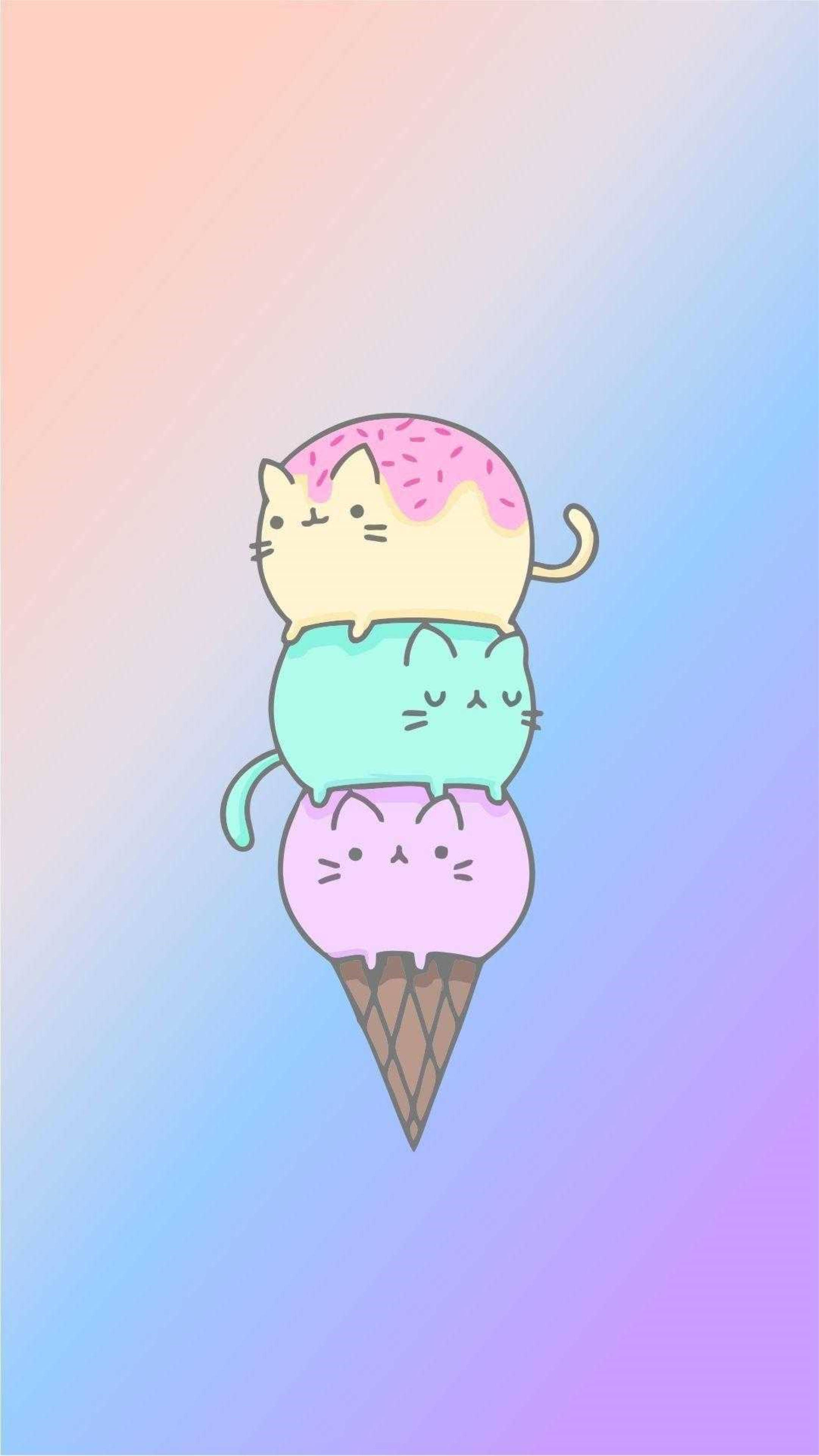 Toca Boca 冰淇淋貓 壁紙 — 三隻可愛的卡通貓咪坐在窩夫筒上的粉彩雪糕球上，背景是柔和的漸變色。