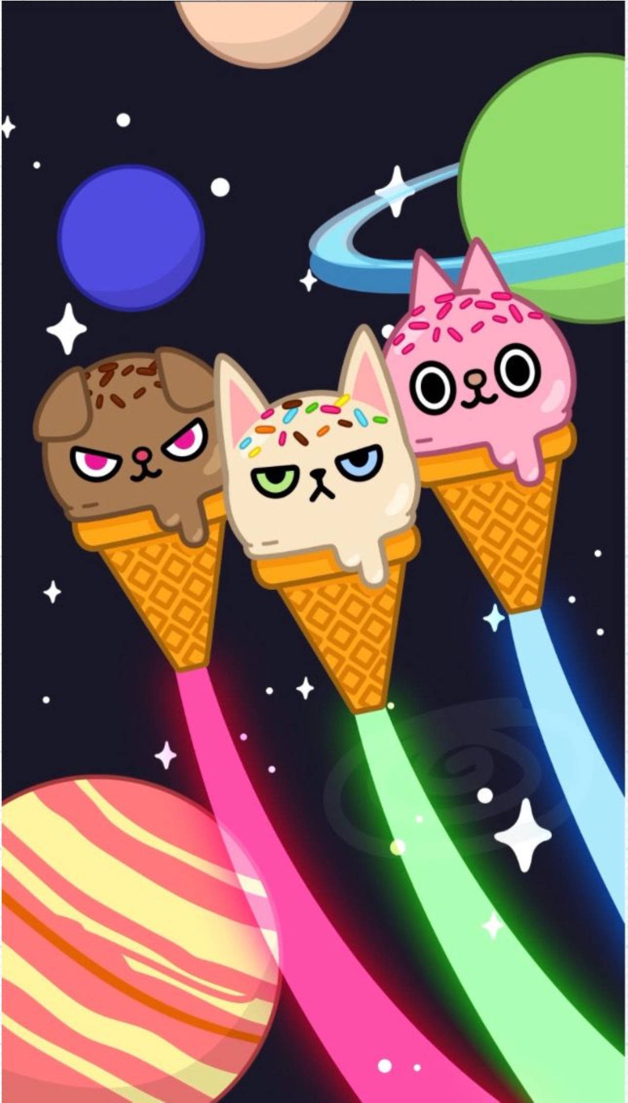 Toca Boca 太空冰淇淋貓 壁紙 — 三隻卡通貓咪在雪糕筒中，像火箭般穿過充滿行星和星星的色彩繽紛宇宙場景。