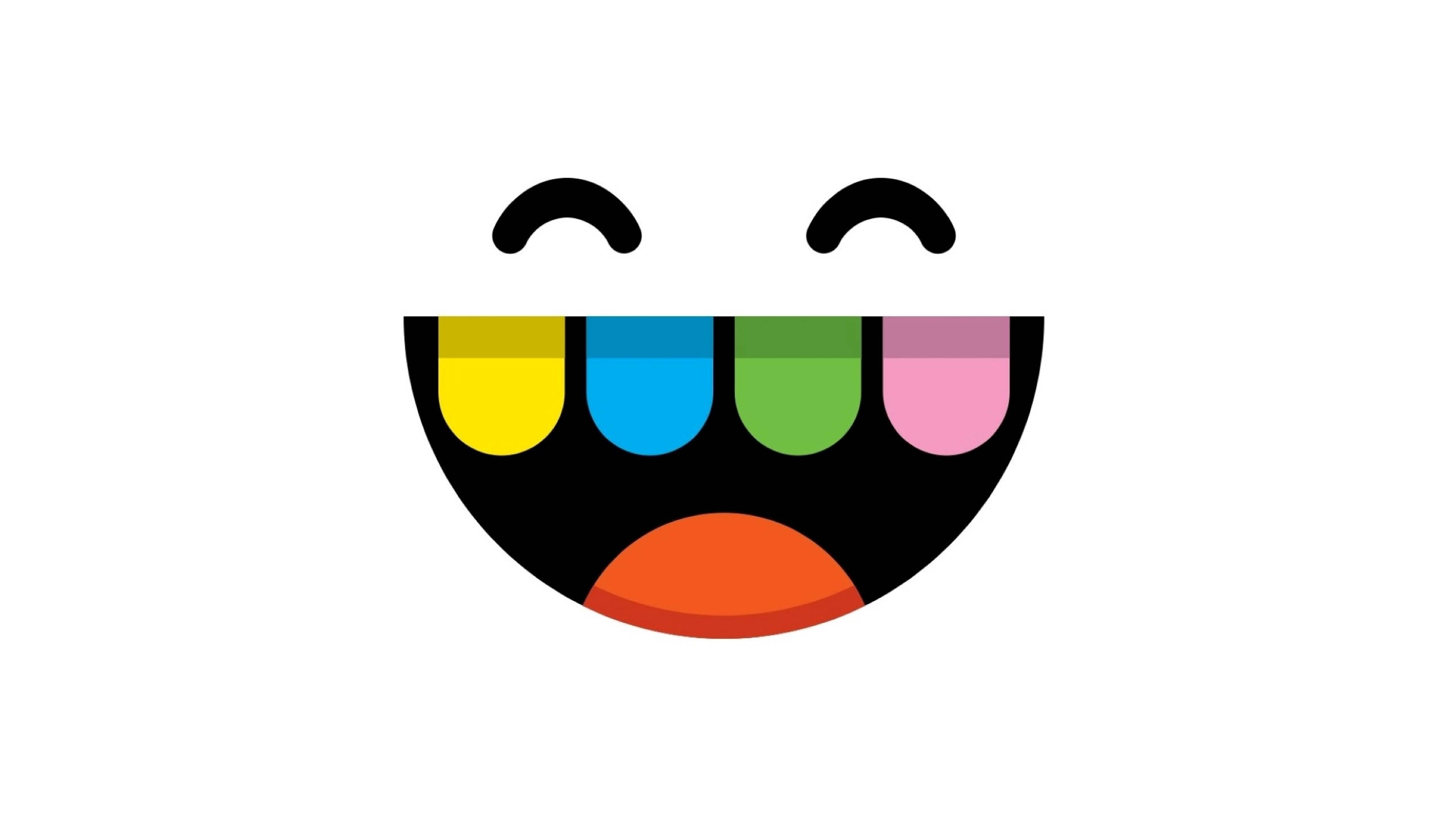 Toca Boca 微笑標誌 壁紙 — 一個極簡風格的笑臉，帶有彩虹色牙齒和橙色舌頭，背景為白色。