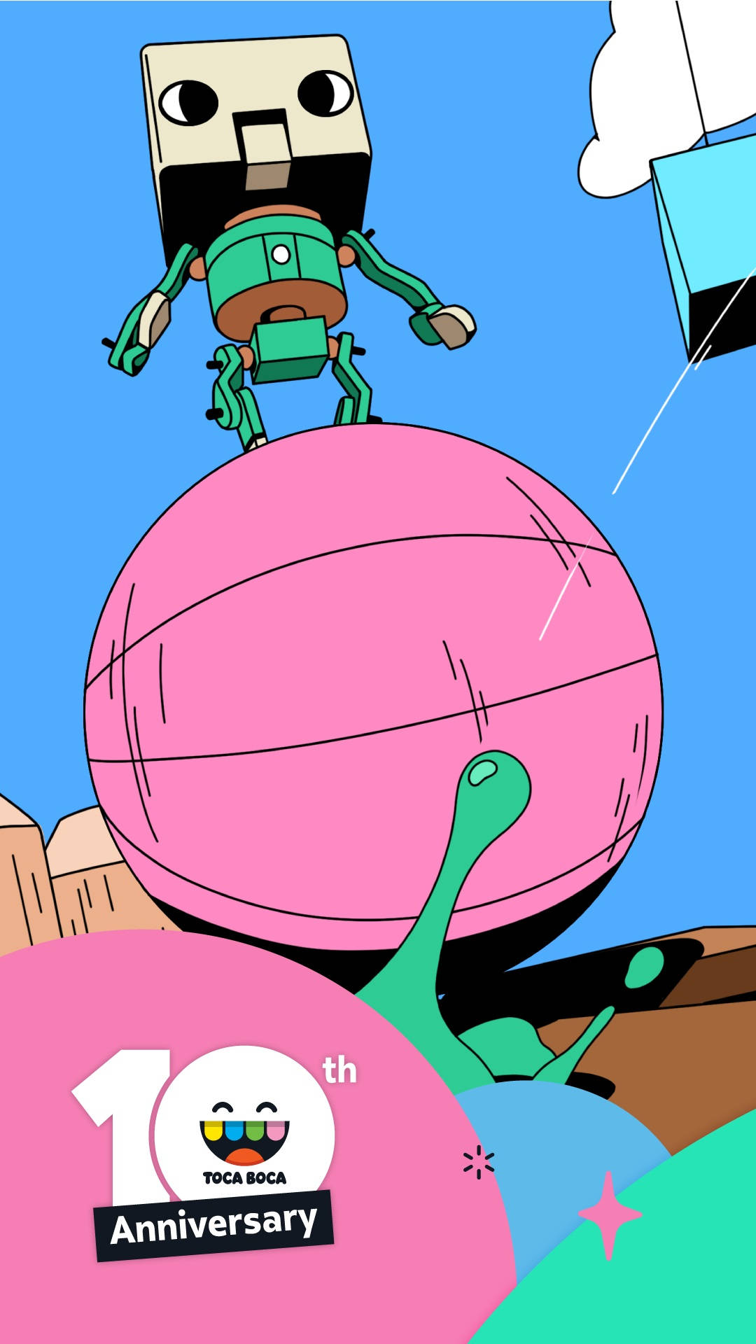 Toca Boca 机器人 壁紙 — 一個快樂的綠色機械人站在一個巨大的粉紅色球體上，背景是明亮的藍天，漂浮著幾何形狀。