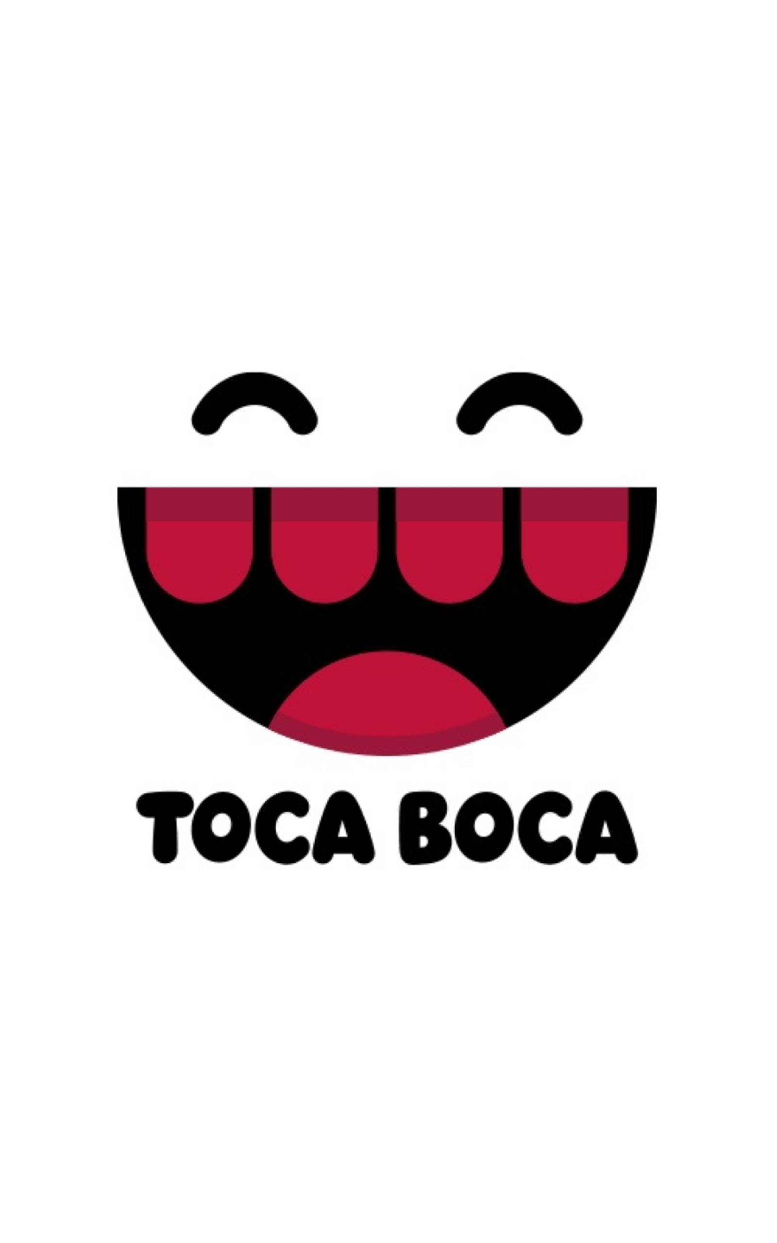 Toca Boca 標誌 壁紙 — 一個極簡主義卡通臉孔，帶有寬闊的紅色微笑和閉上的眼睛，背景為白色，並帶有 'TOCA BOCA' 文字。