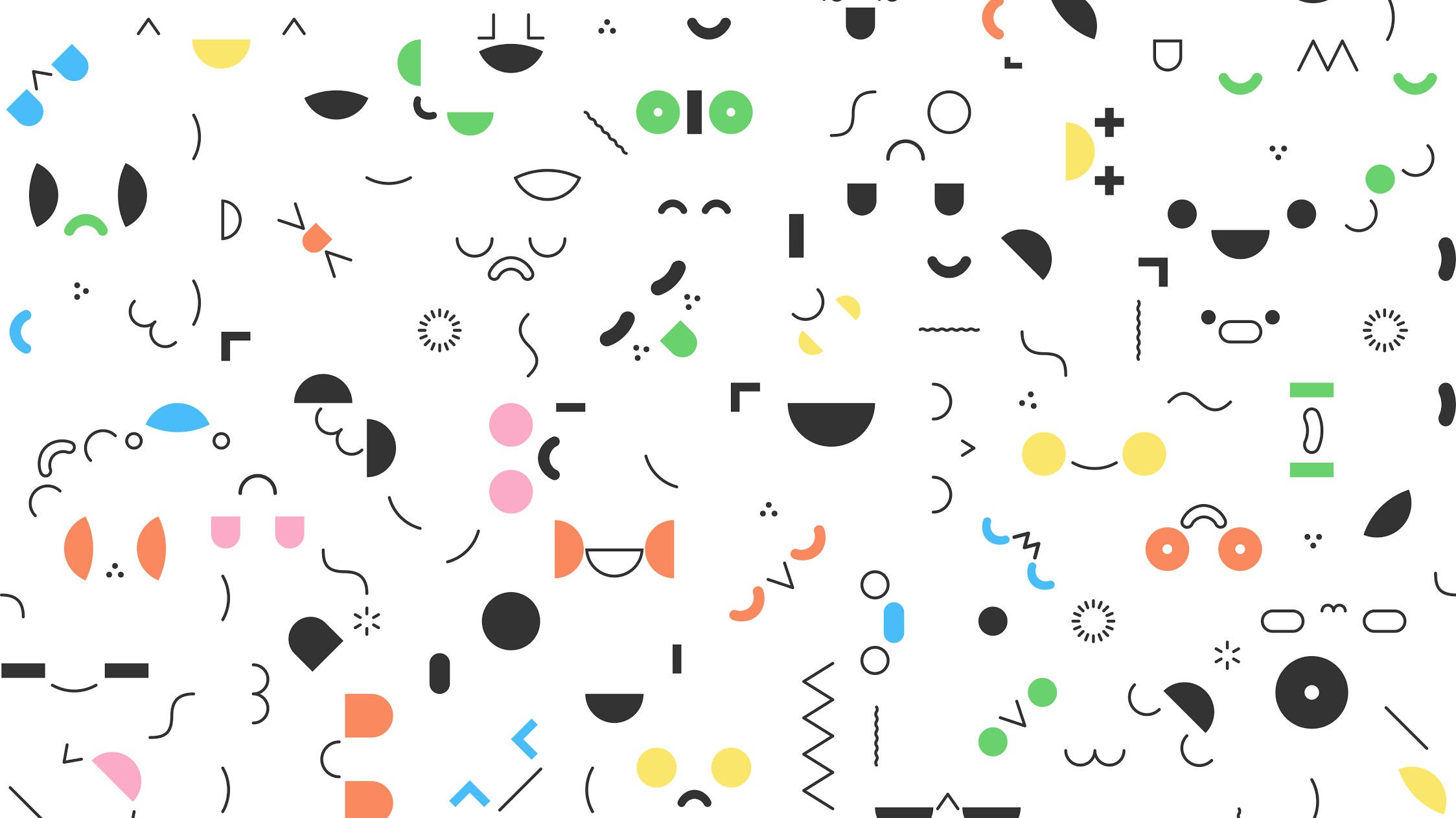 Toca Boca 模式藝術 壁紙 — 一個玩味十足的圖案，由抽象幾何形狀和極簡臉孔組成，以鮮豔色彩呈現於白色背景上。