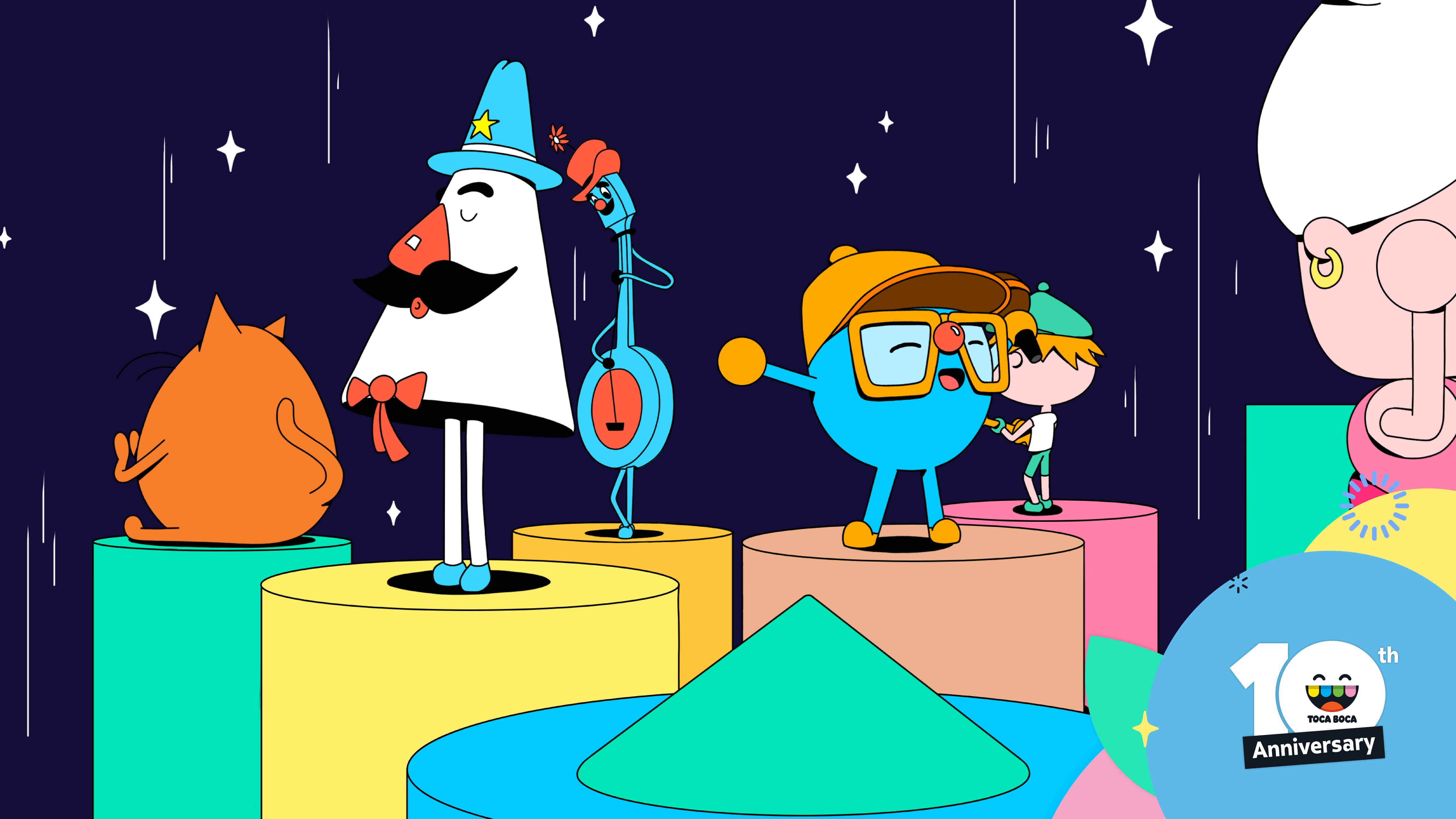 Toca Boca 派對寵物 壁紙 — 色彩繽紛的卡通角色在星空下的彩虹平台上慶祝，帶有「10th Anniversary」標誌。