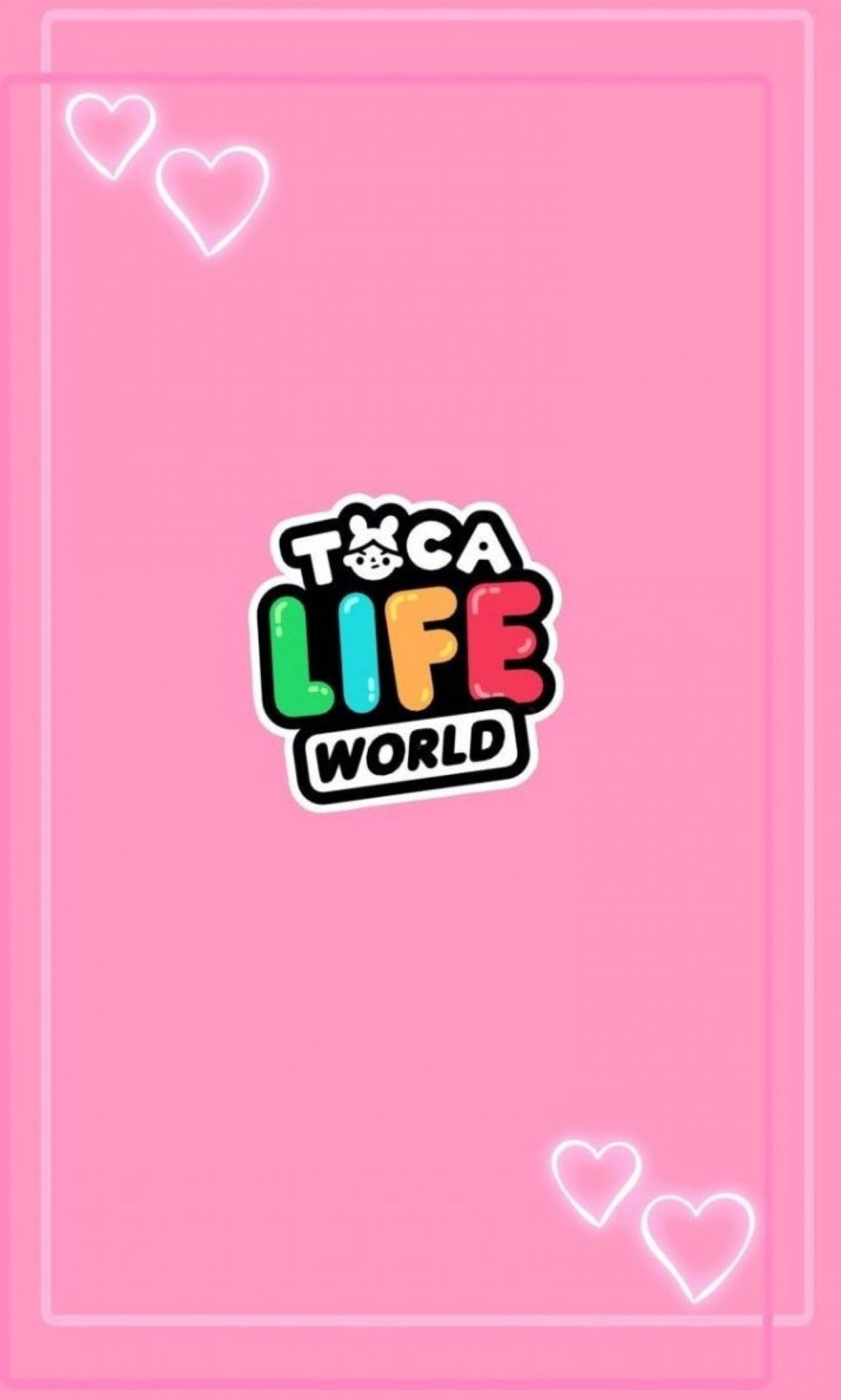 Toca Boca 與愛心 壁紙 — 充滿活力的粉紅色牆紙，帶有色彩繽紛的「Toca Life World」標誌，角落有發光的白色心形。