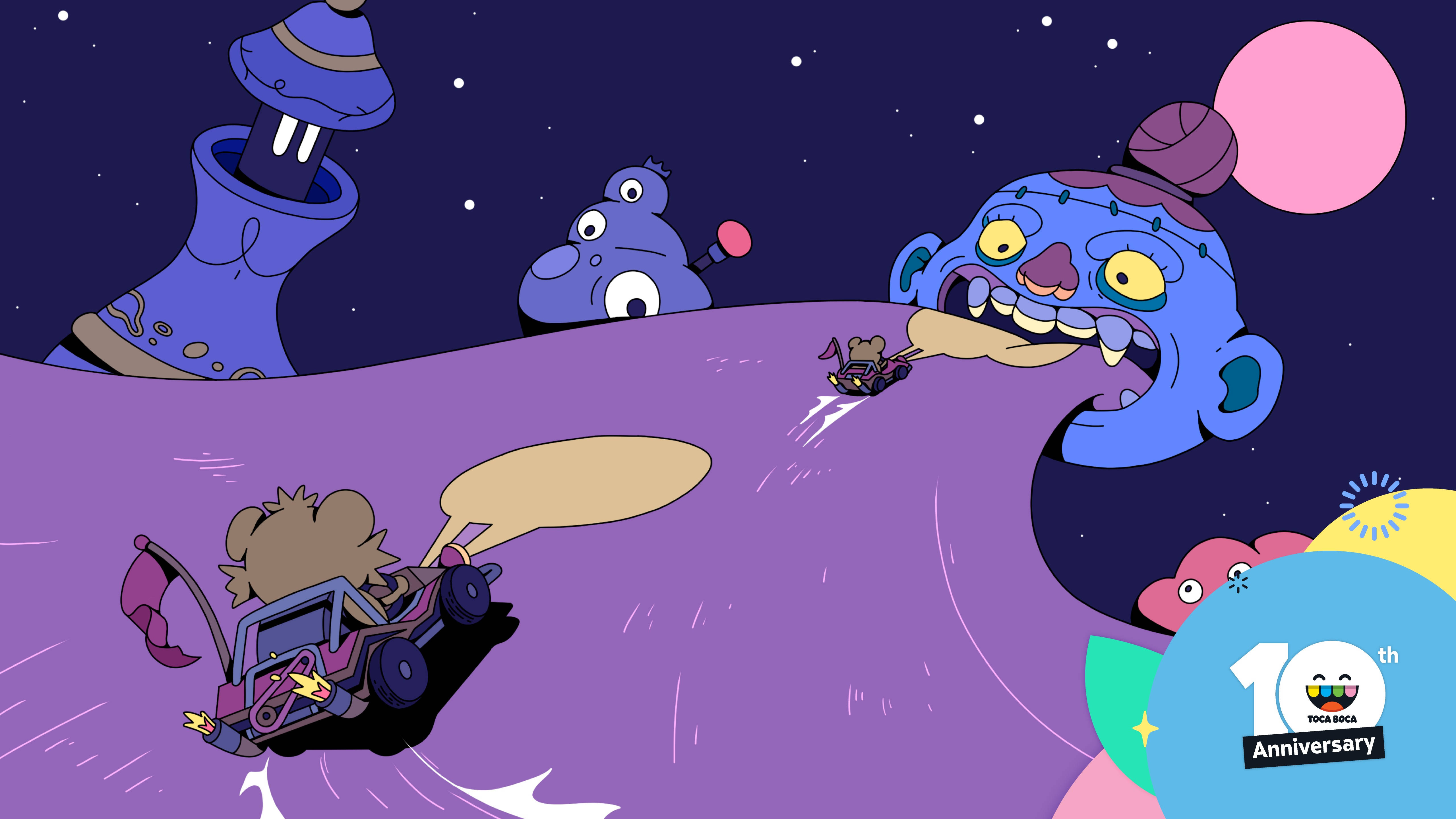 Toca Boca 藍色怪獸 壁紙 — 一輛卡通汽車在星空夜空下穿過紫色山丘，被大眼睛的藍色巨獸追趕。