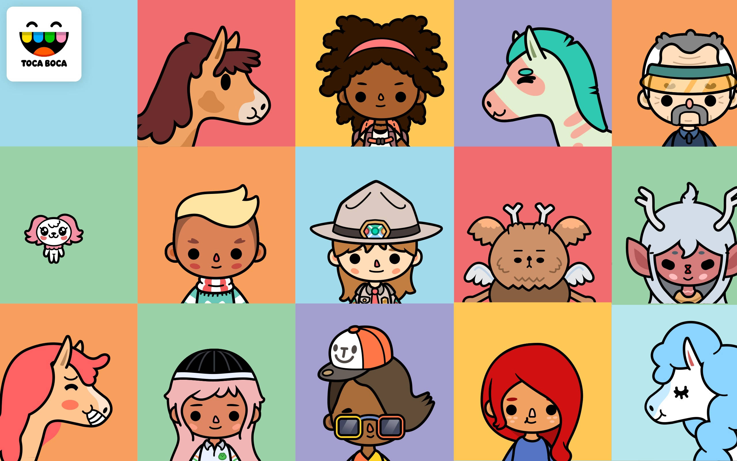 Toca Boca 角色格子圖 壁紙 — 一個由色彩繽紛的卡通角色組成的網格，包括人類和動物，有著多樣的髮型和配飾，背景為粉彩。