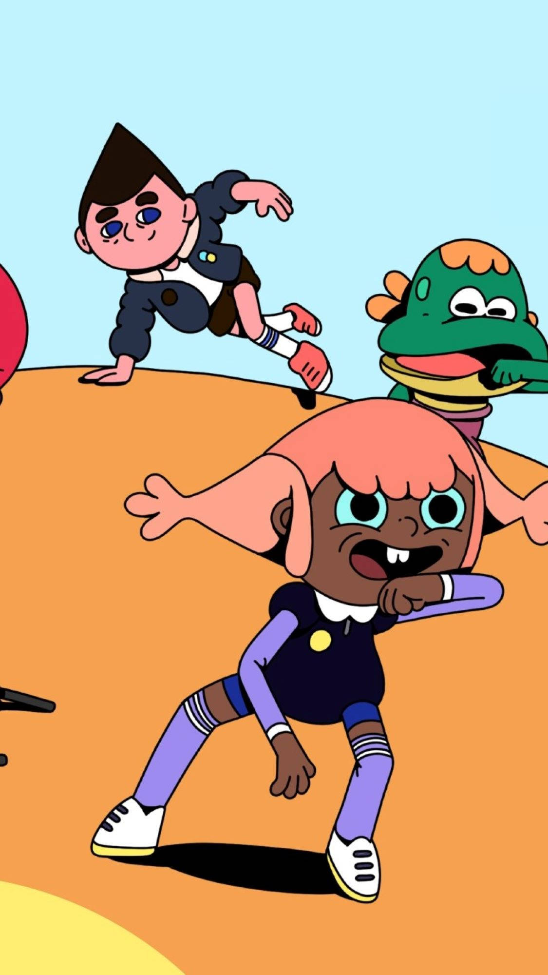 Toca Boca 跳舞角色 壁紙 — 三個動畫角色在色彩繽紛的山丘上擺出動態姿勢，背景是晴朗的藍天。