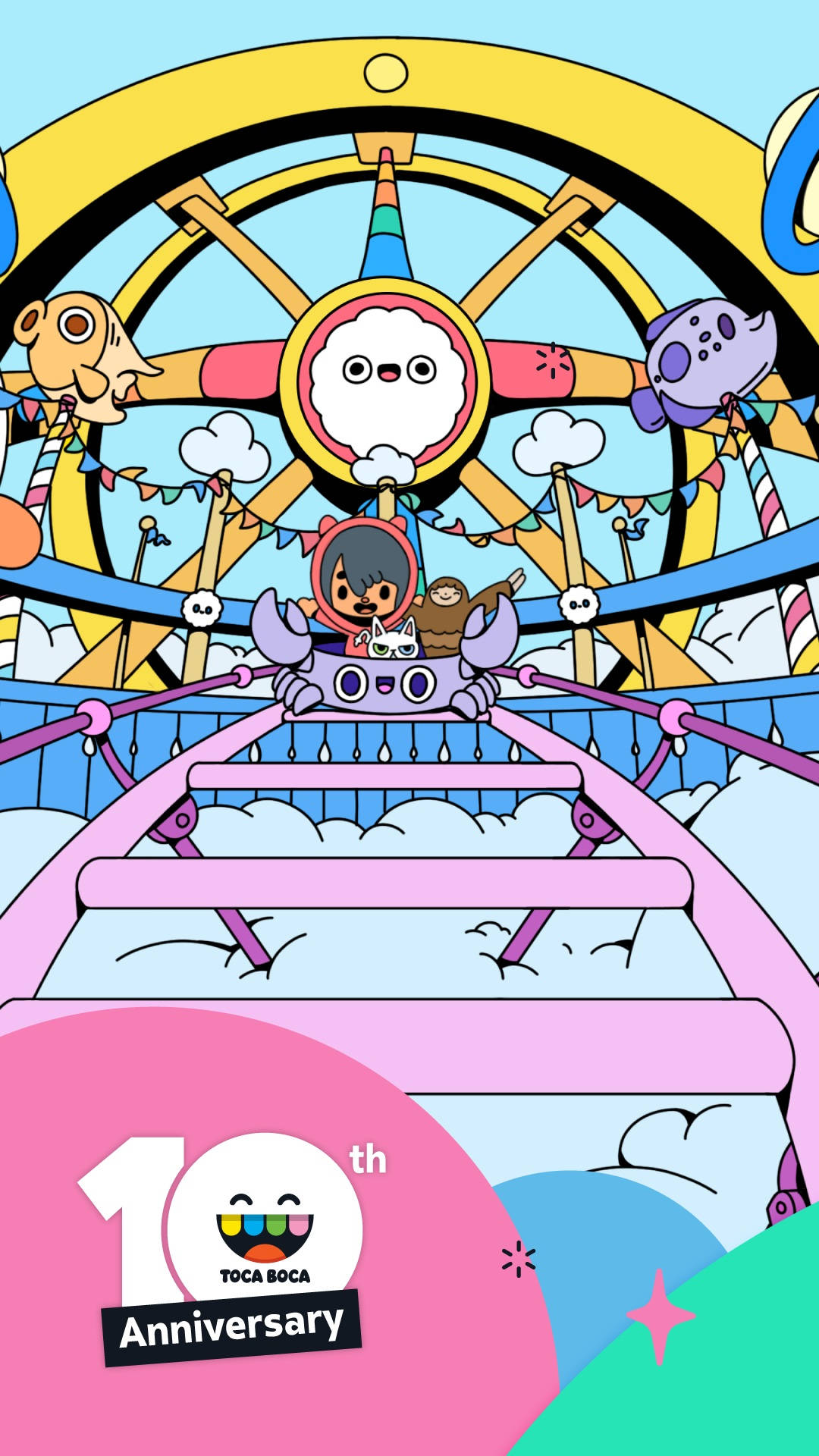 Toca Boca 遊樂園 壁紙 — 一個色彩繽紛的卡通插圖，描繪一個小孩和一隻貓在巨大的摩天輪下乘坐粉紅色過山車，周圍有節日橫幅。