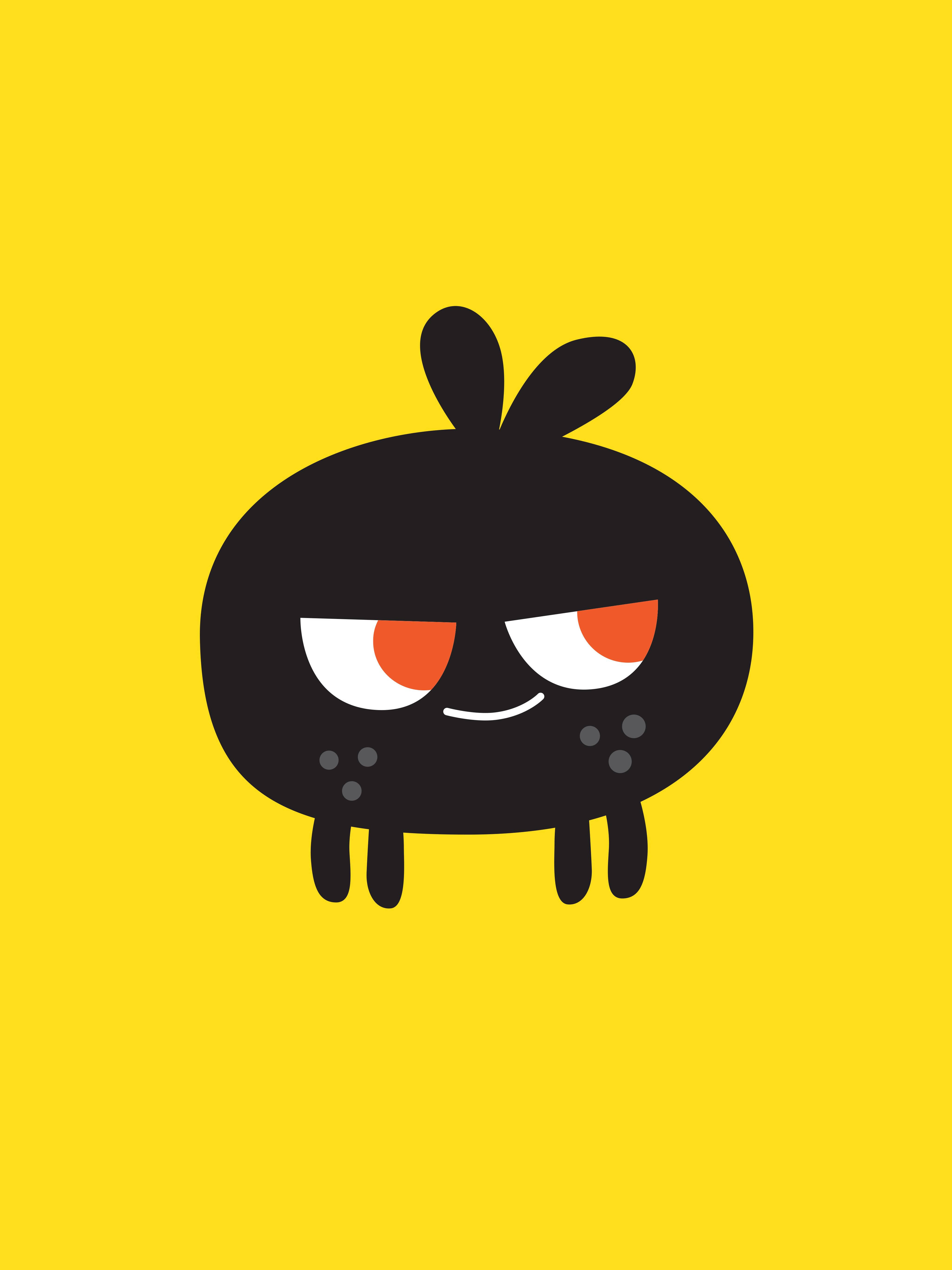 Toca Boca 黑色寵物 壁紙 — 一個黑色卡通角色，擁有橙色眼睛和得意的笑容，站在亮黃色背景前。