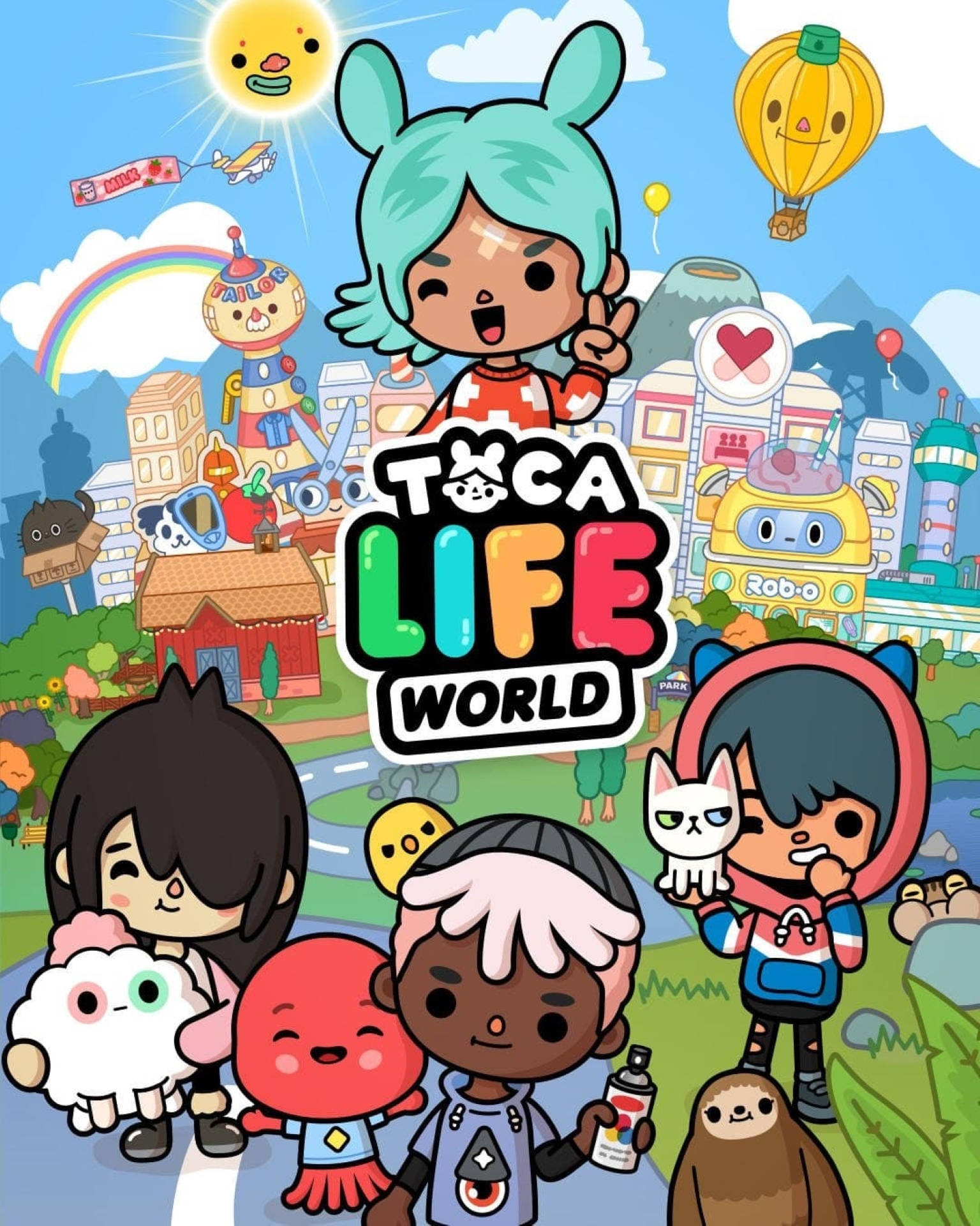 Toca Boca生活世界 壁紙 — 在微笑的太陽下，一個色彩繽紛、充滿奇思妙想的小鎮中，各種Toca Life World角色的生動卡通插圖。