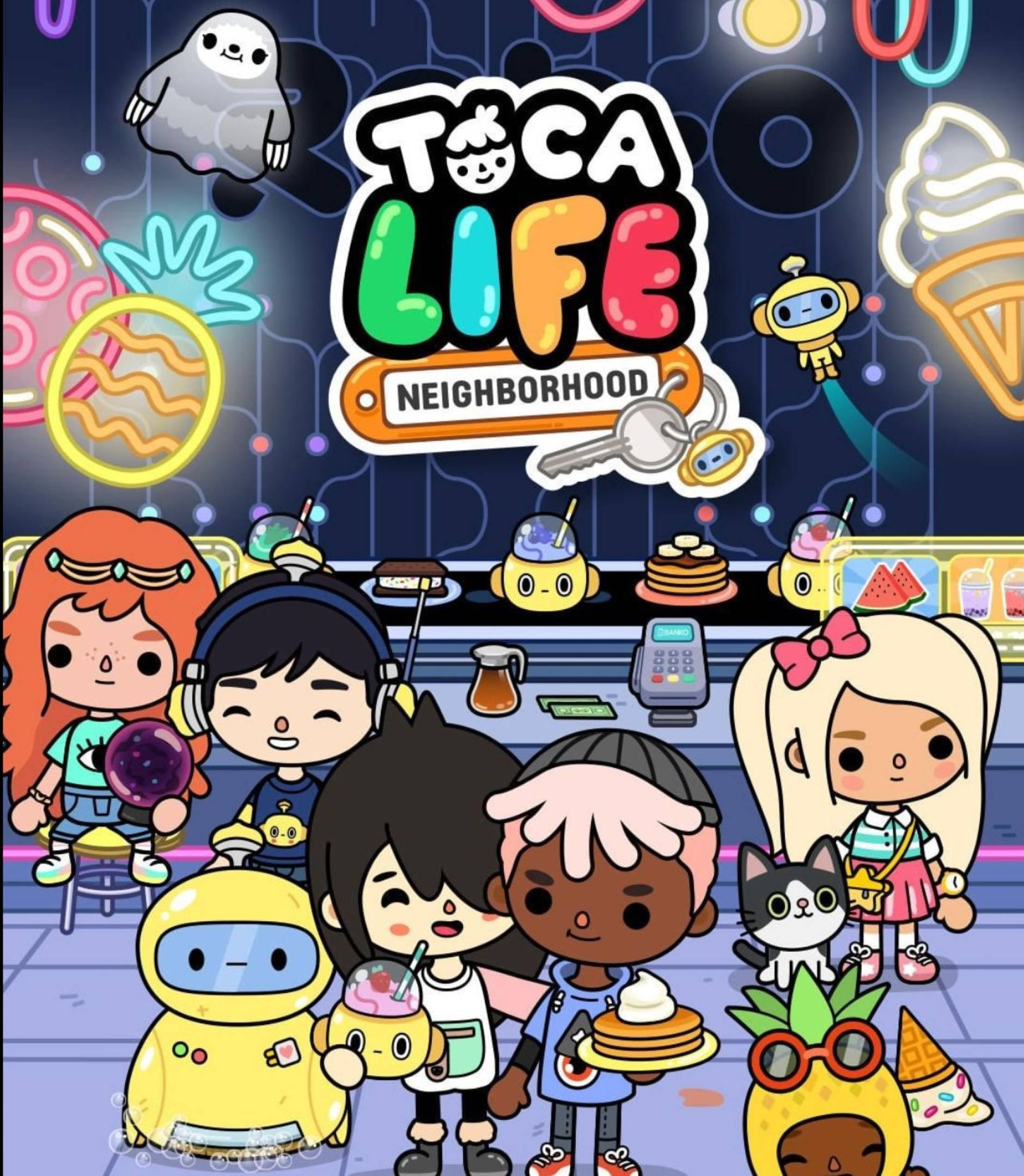 Toca Boca社區咖啡館 壁紙 — 色彩繽紛的卡通角色聚集在一間霓虹燈光咖啡館中，周圍有機械人和食物。