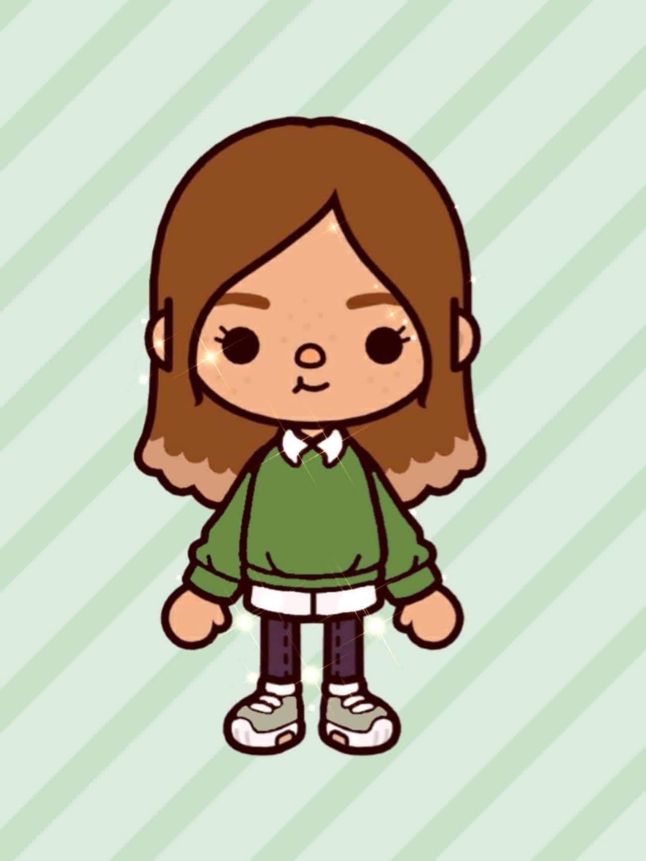 棕色頭髮 Toca Life 美學圖 壁紙 — 一個可愛嘅卡通女仔，啡色頭髮同閃閃發光，企喺淺綠色條紋背景前面。