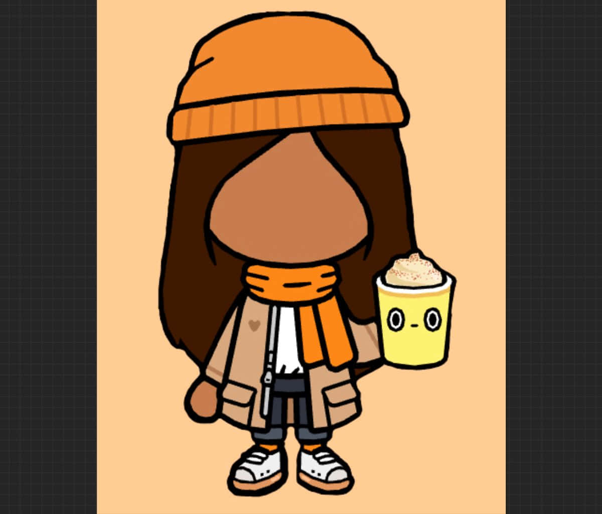 Toca Life Nari 矢量藝術美學圖 壁紙 — 一個卡通角色戴著橙色冷帽和圍巾，在溫暖的桃色背景上拿著一個微笑的咖啡杯。