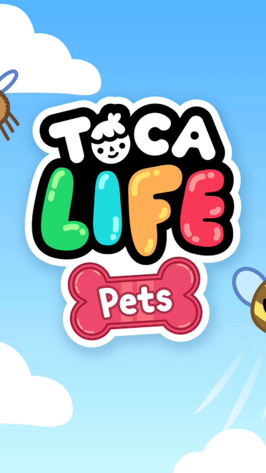 toca boca 桌布 壁紙 — Toca Life Pets 的鮮豔卡通標誌，帶有彩色 3D 字母和粉紅色骨頭圖標，背景是藍天白雲。