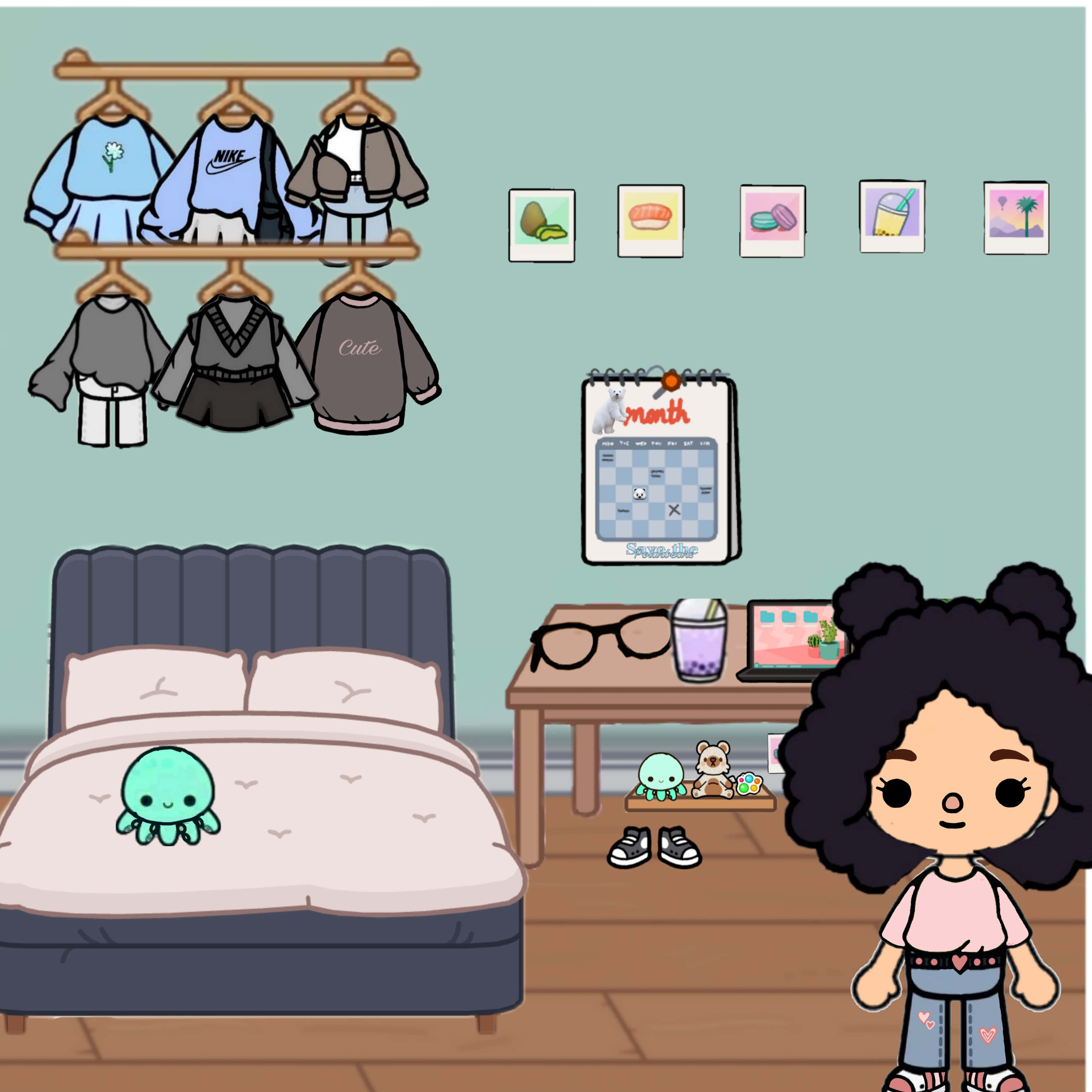 Toca Life Terra 寢室美學圖 壁紙 — 一個卡通女孩站在一個舒適的臥室裡，裡面有床、衣架和放著手提電腦和眼鏡的書桌。