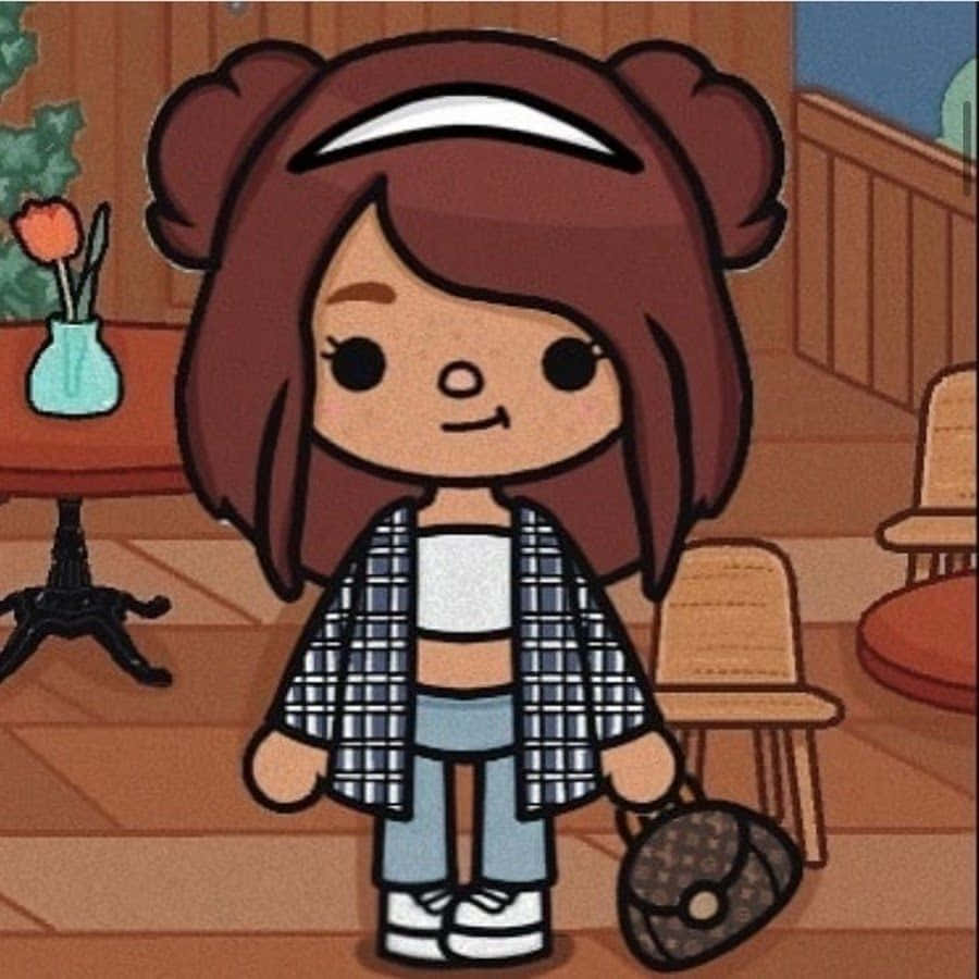Toca Life Winona 美學圖 壁紙 — 一個可愛嘅卡通女仔，啡色頭髮紮成髻，企喺室內，拎住個袋，着住格仔恤衫同牛仔褲。