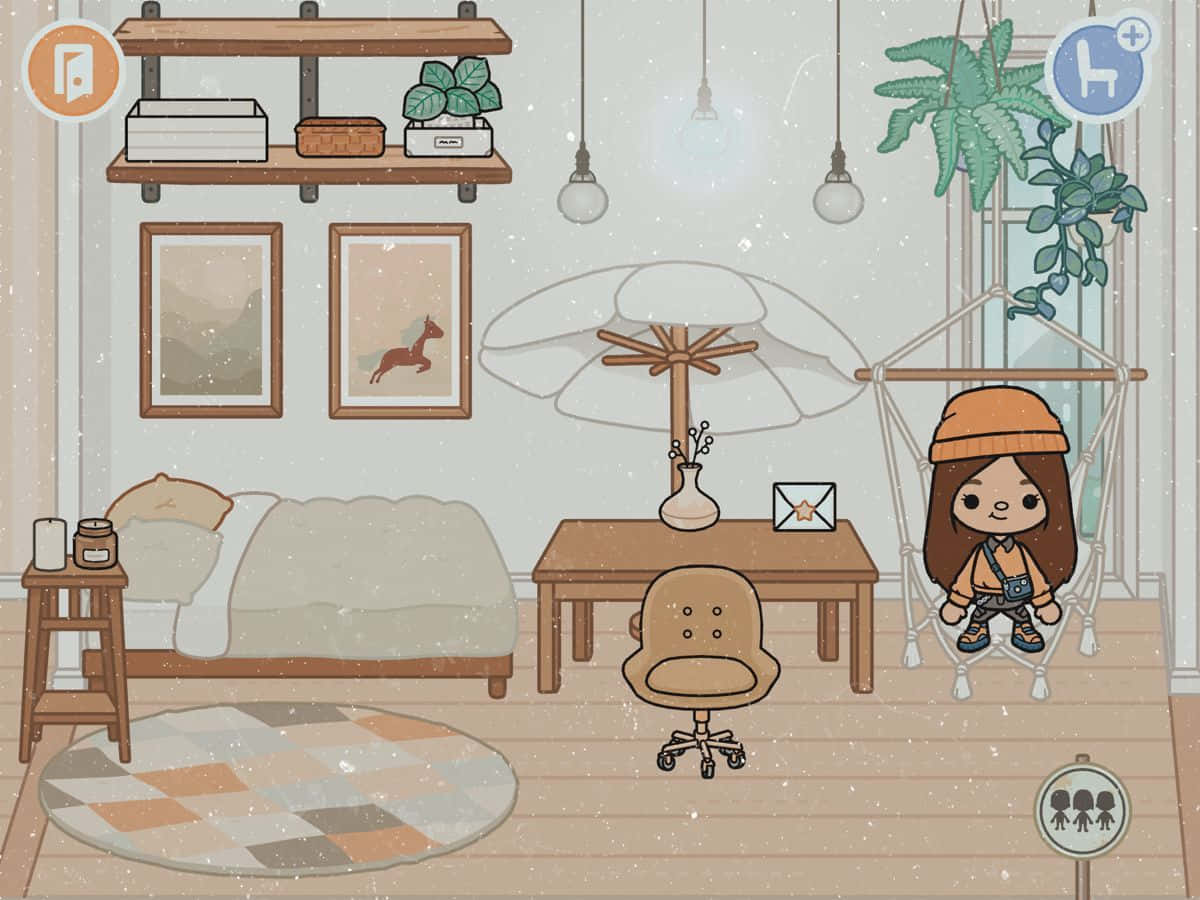 Toca Life Winona 寢室美學圖 壁紙 — 一個舒適的插圖房間，有一個女孩在吊床上，周圍環繞著植物、家具和柔和燈光。