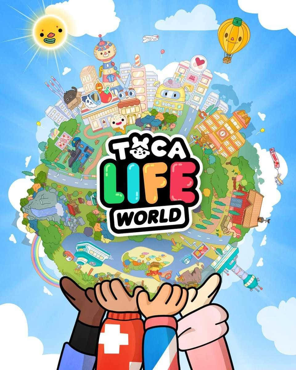 Toca Life World 美學海報 壁紙 — 兩個孩子在微笑的太陽下舉起一個色彩繽紛的卡通地球儀，裡面充滿了奇特的建築物、動物和漂浮的熱氣球。