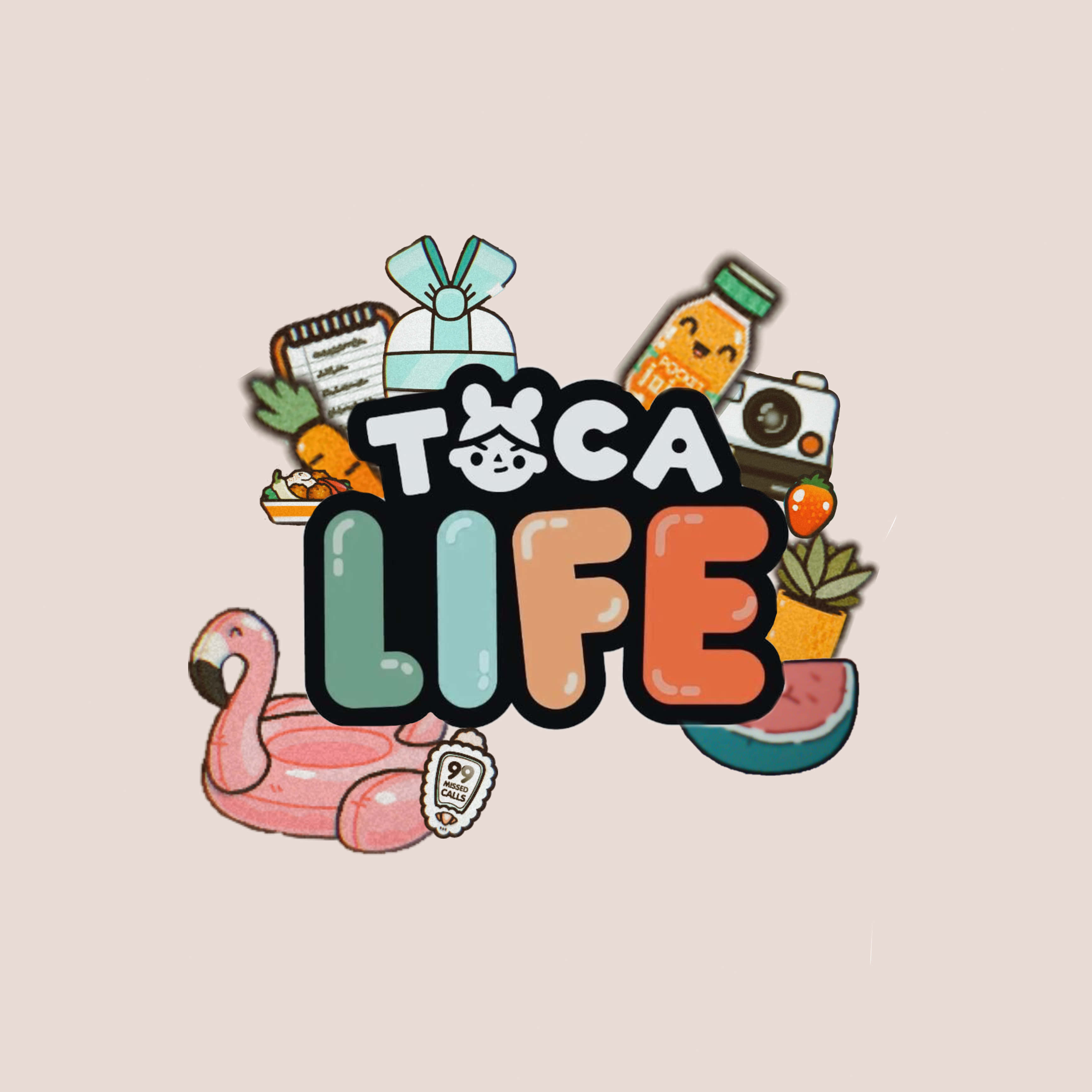 Toca Life 夏日美學藝術圖 壁紙 — 一個有趣的Toca Life標誌，周圍環繞著可愛的卡通物品，如火烈鳥浮圈、相機和果汁瓶。