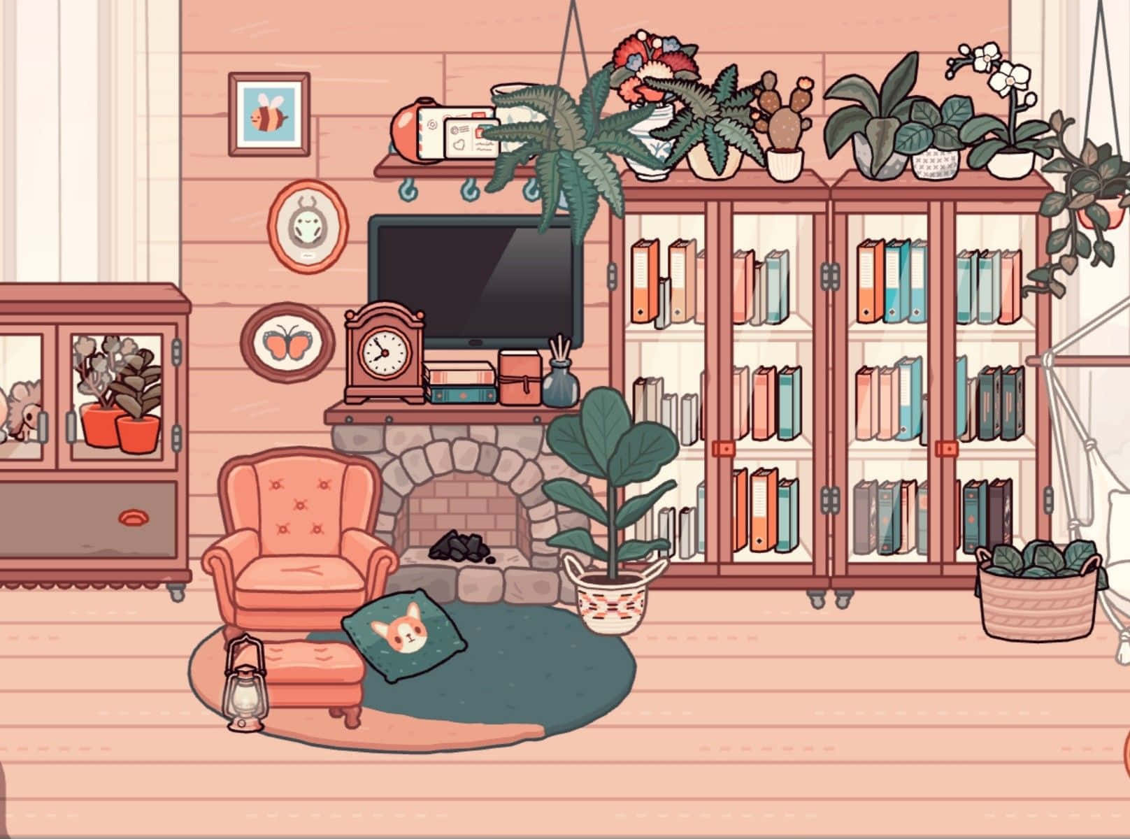 Toca Life 書架美學圖 壁紙 — 舒適的插圖客廳，配有粉紅色扶手椅、壁爐、書架和掛植物，色調溫暖。