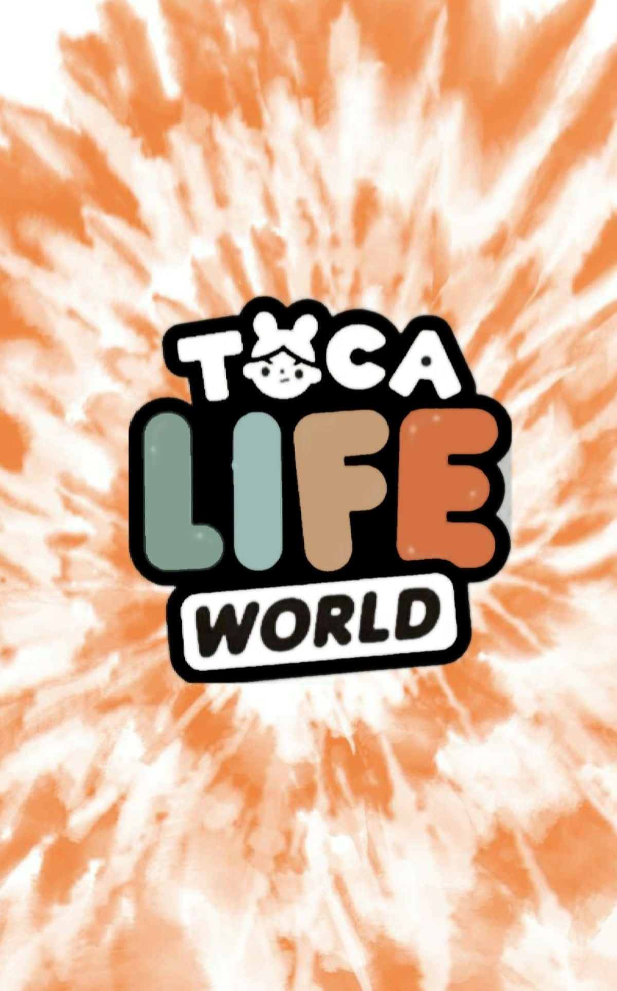 Toca Life 美學海報 壁紙 — Toca Life World 標誌居中於充滿活力的橙色和白色紮染背景上，帶有俏皮的卡通風格。
