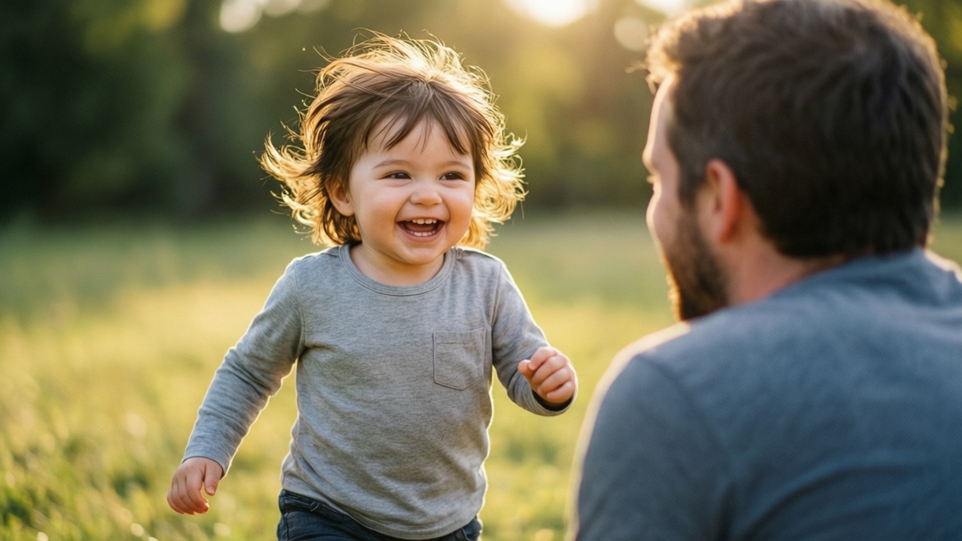 一個微笑嘅幼兒喺陽光明媚嘅草地上跑向爸爸。