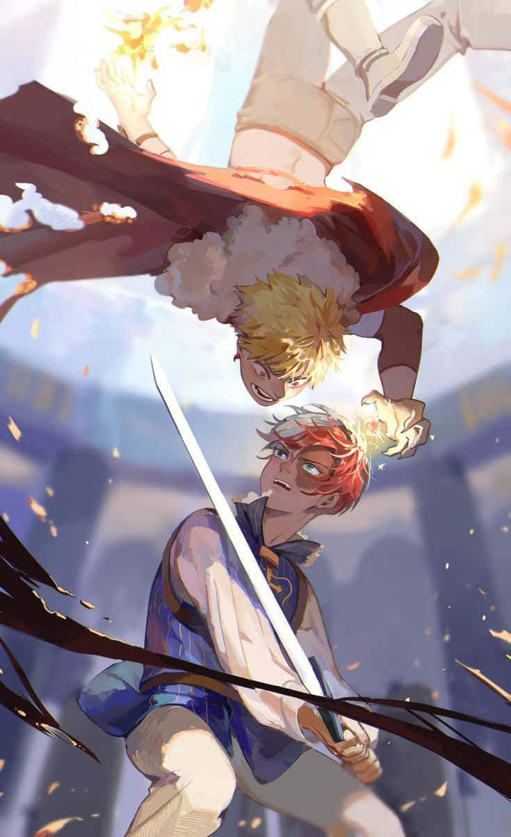 TodoBaku 戰鬥畫面 壁紙 — 兩位動漫戰士在空中揮劍交鋒，火花四濺，動態十足。