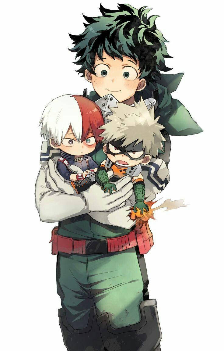 Todobakudeku Izuku 搭載 Shoto 與 Katsuki 壁紙 — 一個開朗的動漫英雄在溫暖的風格化插圖中擁抱兩個較小的英雄。