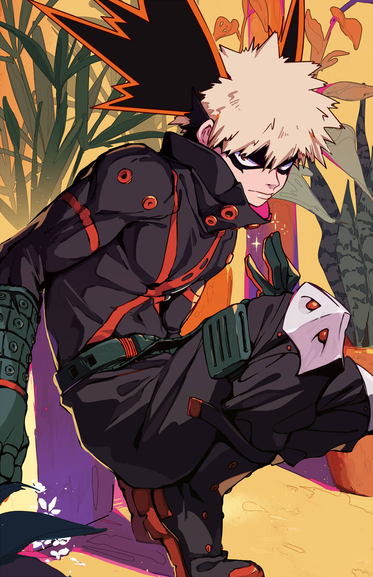 Todobakudeku Shoto 圖形藝術 壁紙 — 動漫角色，金色尖刺頭髮和黑色眼睛，在溫暖的金色光線下，在充滿活力的樹葉中以動態姿勢蹲下。