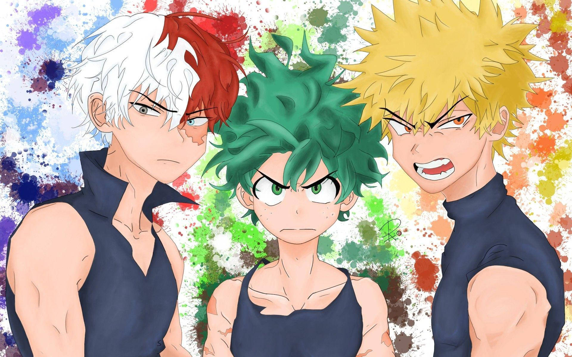 Todobakudeku 三人組彩色髮型 壁紙 — 三位動漫英雄，頭髮尖刺，身穿深色背心，站在充滿活力的油漆飛濺背景前。