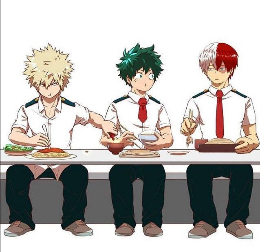 Todobakudeku 三人組用餐 壁紙 — 三個穿著制服嘅動畫男仔喺一張簡單嘅枱一齊食午餐，表情專注。