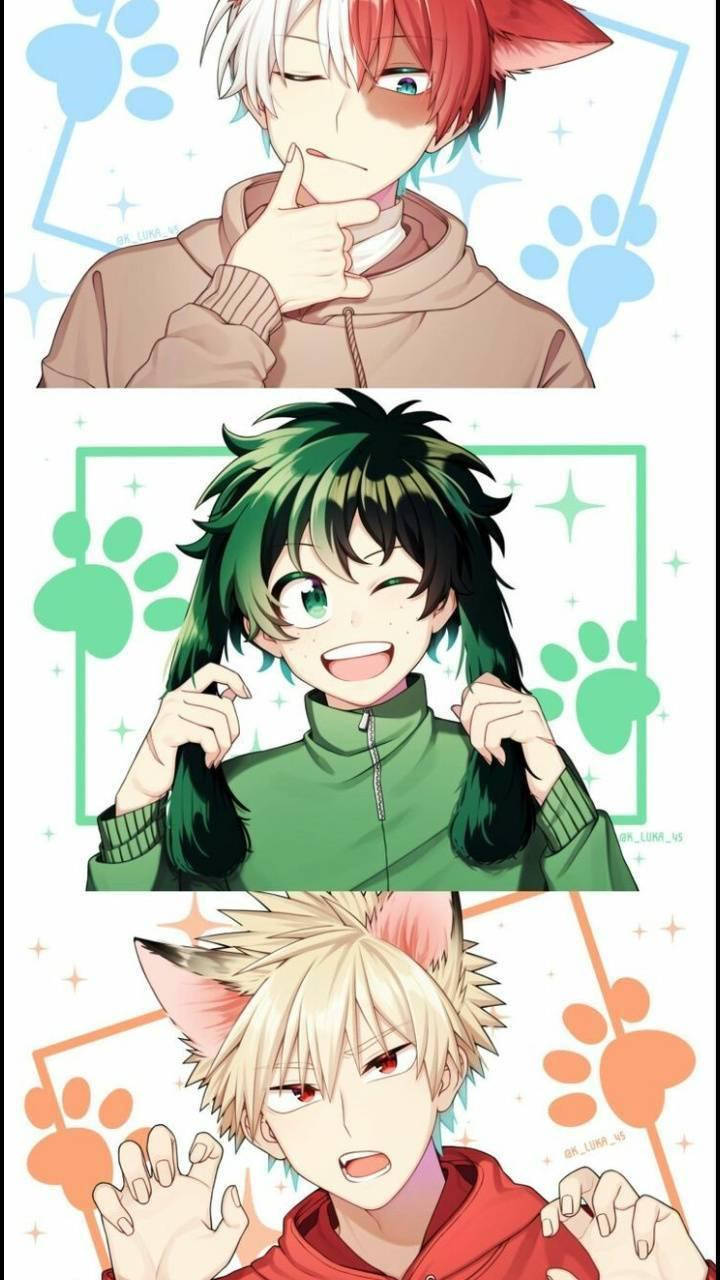 Todobakudeku 三人組動物耳朵 壁紙 — 三個有狐狸耳朵的動漫男孩，在色彩繽紛的爪印背景前，各自擺出俏皮的姿勢。