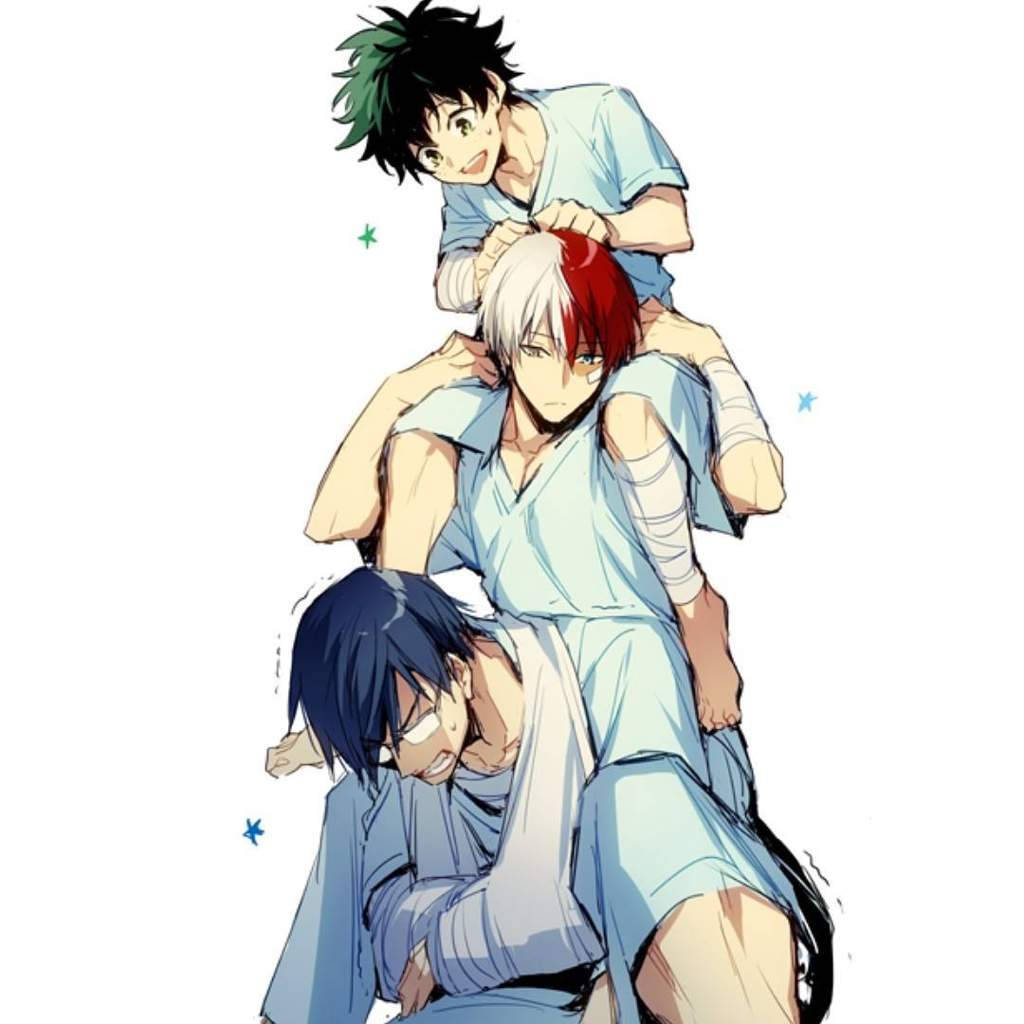 Todobakudeku 三人組極簡藝術 壁紙 — 三個動畫男孩穿著淺藍色服裝，頑皮地疊在一起，頂部的一個微笑，中間的一個看起來堅忍，底部的一個在笑。