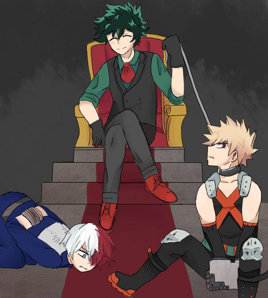 Todobakudeku 三人組粉絲藝術 壁紙 — 一個自信嘅動漫男仔，綠色頭髮，坐喺王座上，手拎住鞭，兩個被打敗嘅盟友跪喺佢面前。