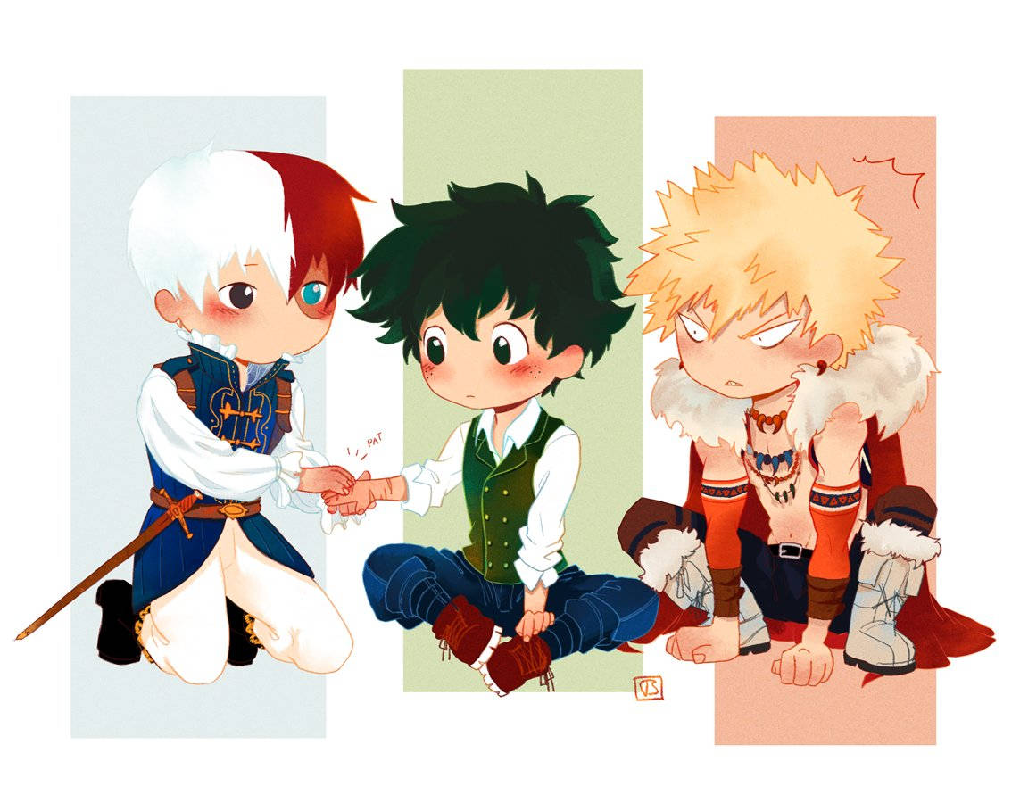 Todobakudeku 動漫拼貼 壁紙 — 三個Q版動漫角色在不同顏色的面板中互動，表情豐富，服裝細節精緻。