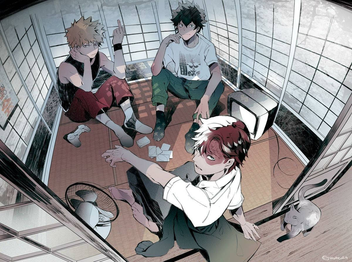 Todobakudeku 動漫日式房間 壁紙 — 三個動畫男孩坐在日本房間的榻榻米上，有一隻貓和一個壞掉的風扇，從上方觀看。