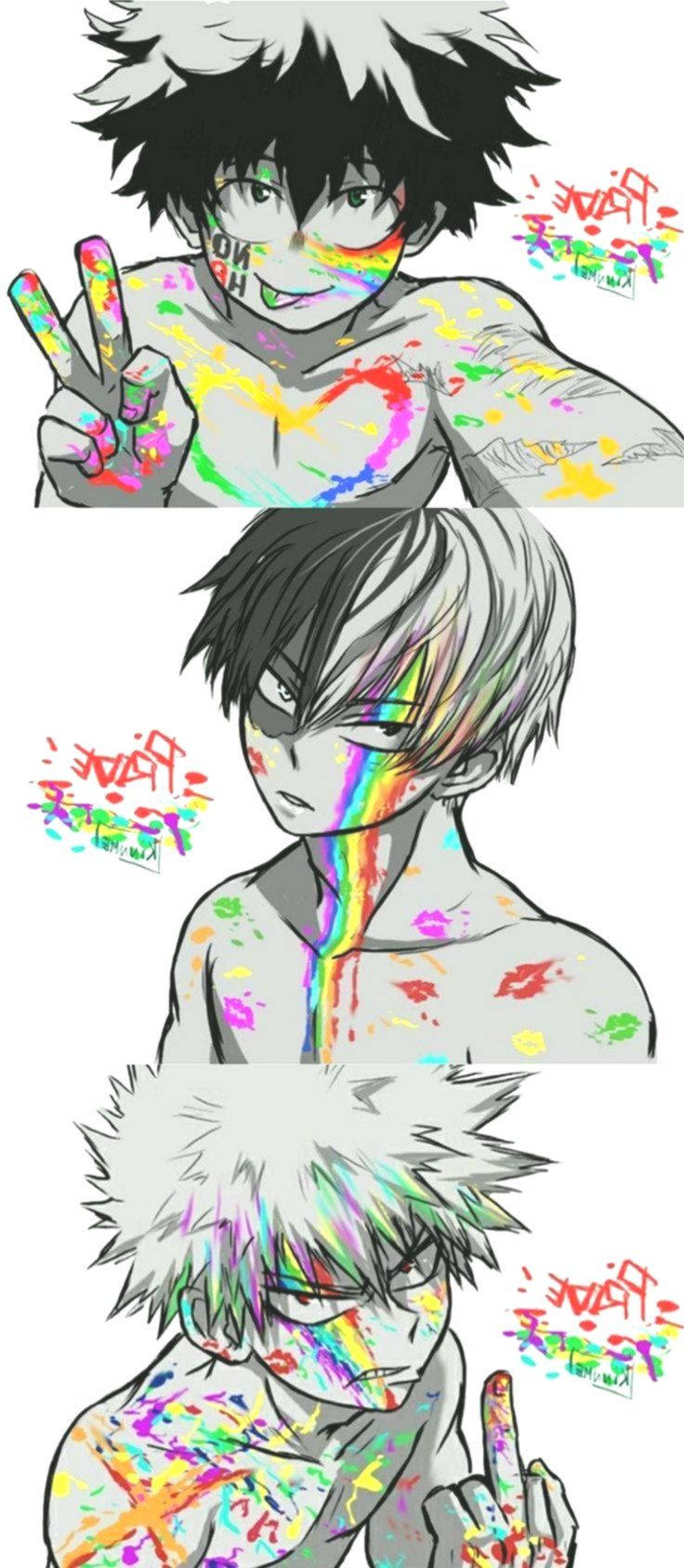 Todobakudeku 彩虹塗鴉 壁紙 — 三個動畫面板顯示一個頭髮豎起、沾滿彩色油漆飛濺的男孩，做出和平手勢和鬼臉。