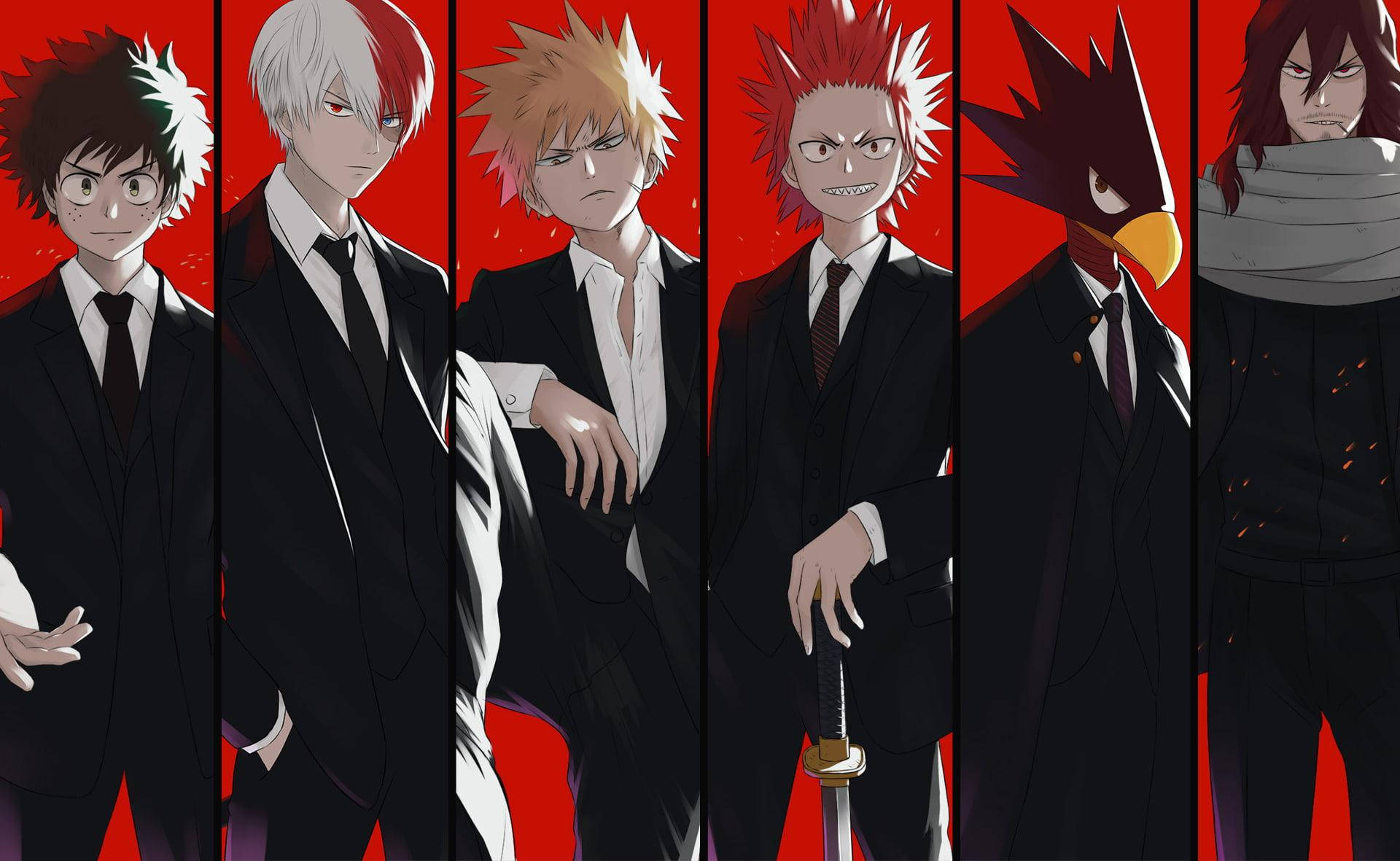 Todobakudeku 正式黑色制服 壁紙 — 六個身穿黑色西裝的動漫角色，在鮮紅色的背景前，表情嚴肅地站立。