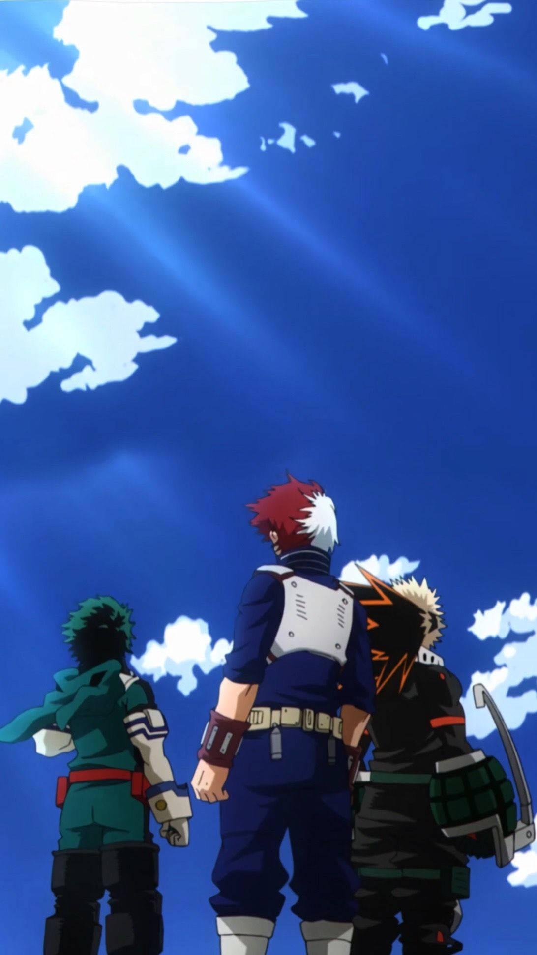 Todobakudeu三人組對抗藍天 壁紙 — 三位動漫英雄在陽光穿透蓬鬆白雲的鮮豔藍天下背光站立。